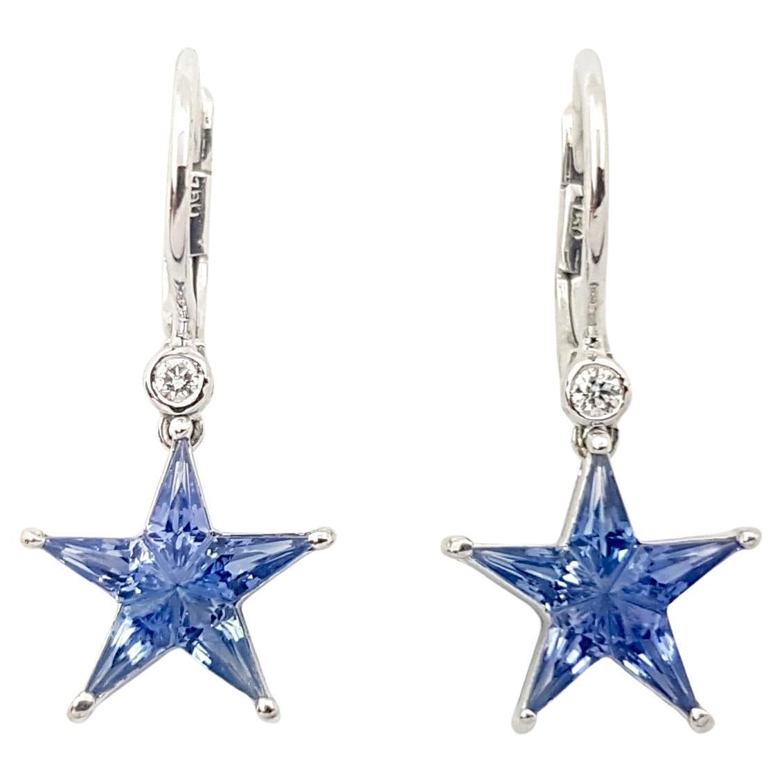 Blue Sapphire with Diamond Star Earrings set in 18K White Gold Settings For Sale