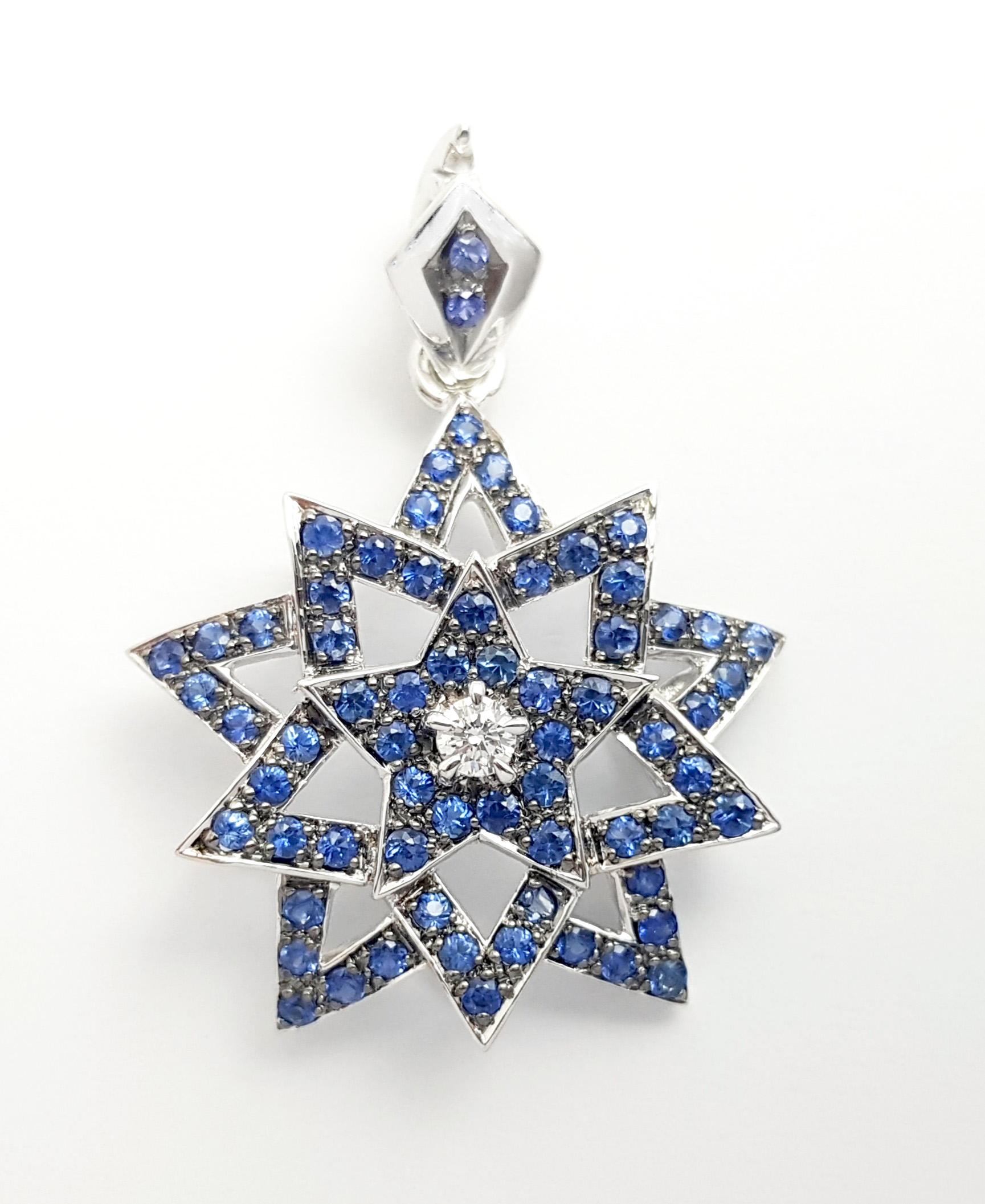 Contemporain Pendentif étoile/feuille en or blanc 18 carats serti d'un saphir bleu et de diamants en vente