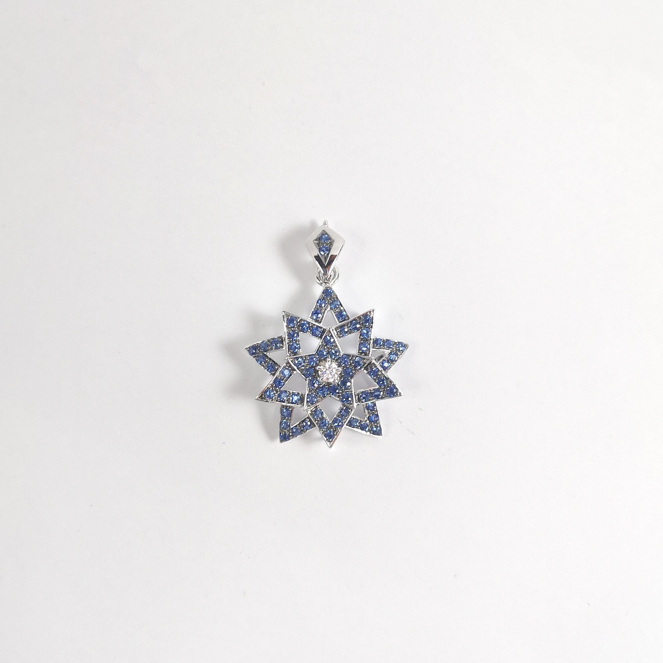 Pendentif étoile/feuille en or blanc 18 carats serti d'un saphir bleu et de diamants en vente 3