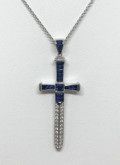 Blue Sapphire with Diamond Sword Pendant Set in 18 Karat White Gold Settings