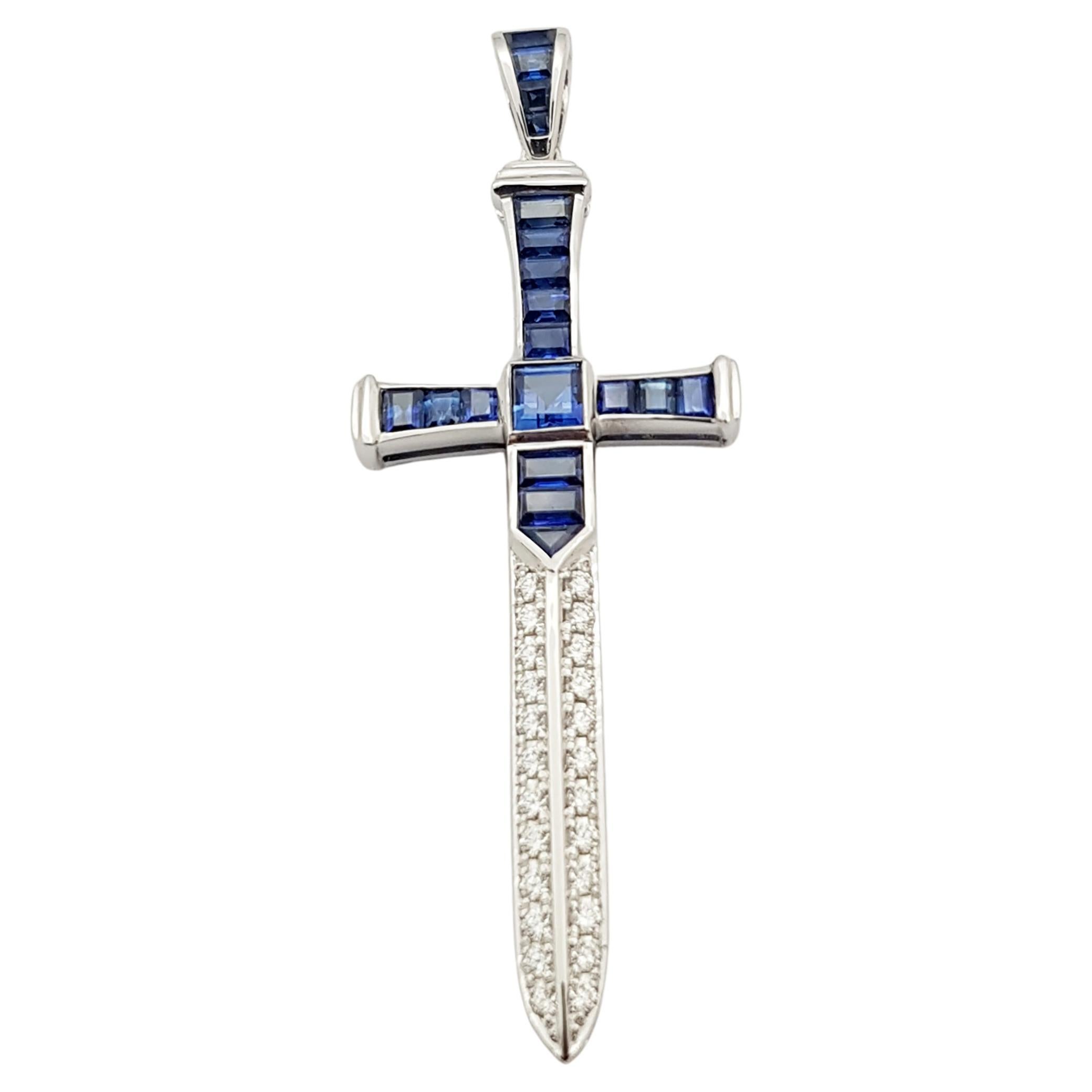 Blue Sapphire with Diamond Sword Pendant Set in 18 Karat White Gold Settings