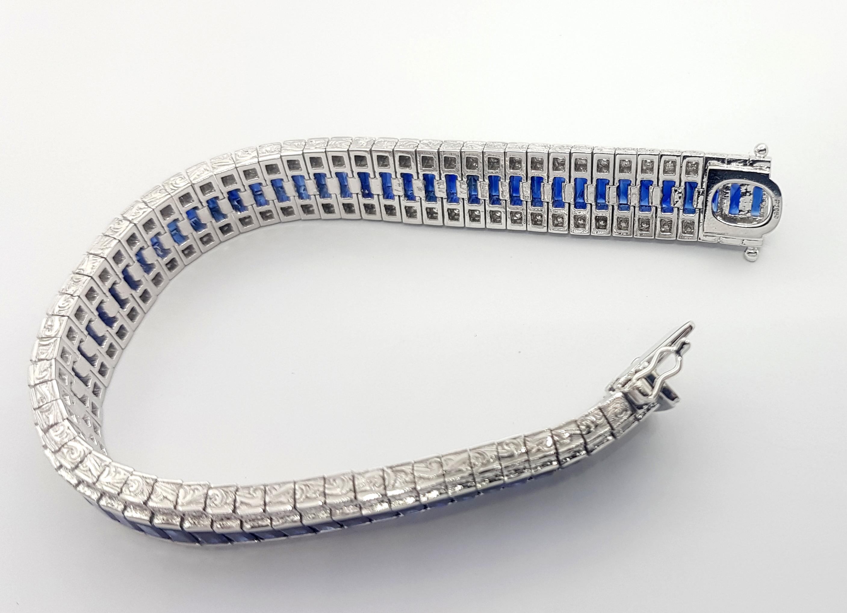Tennisarmband mit blauem Saphir und Diamanten, gefasst in Platin 950 (Smaragdschliff) im Angebot