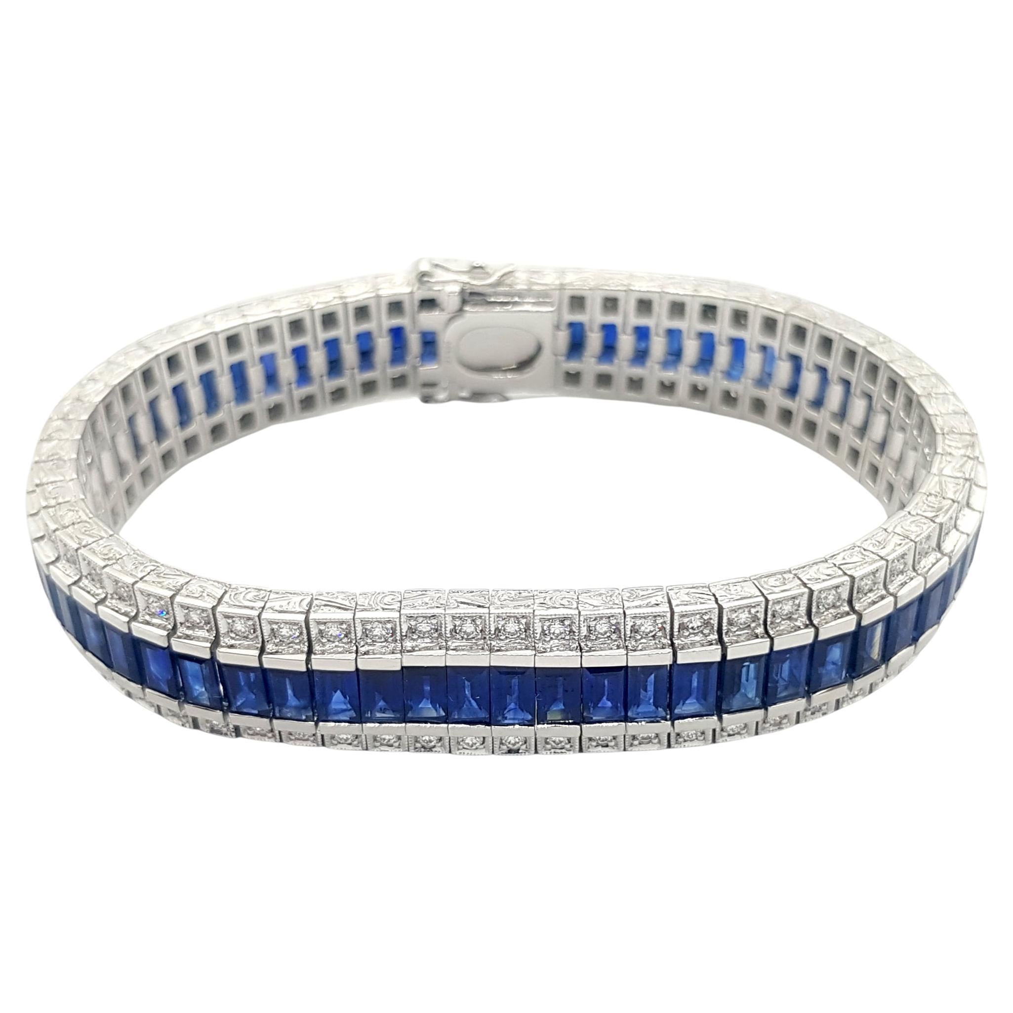 Tennisarmband mit blauem Saphir und Diamanten, gefasst in Platin 950