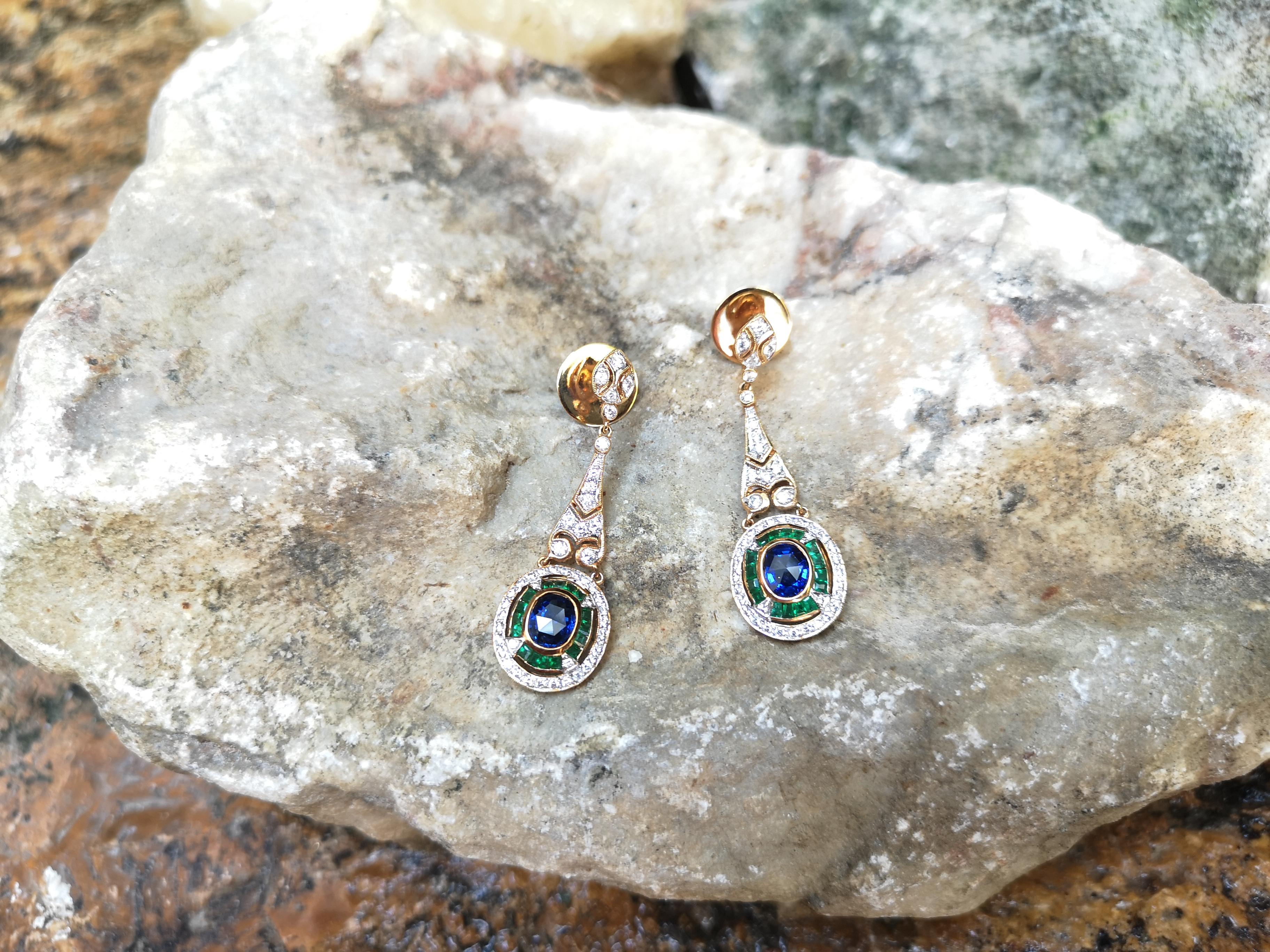 Art Deco Blue Sapphire with Emerald and Diamond Earrings Set in 18 Karat Gold Settings
