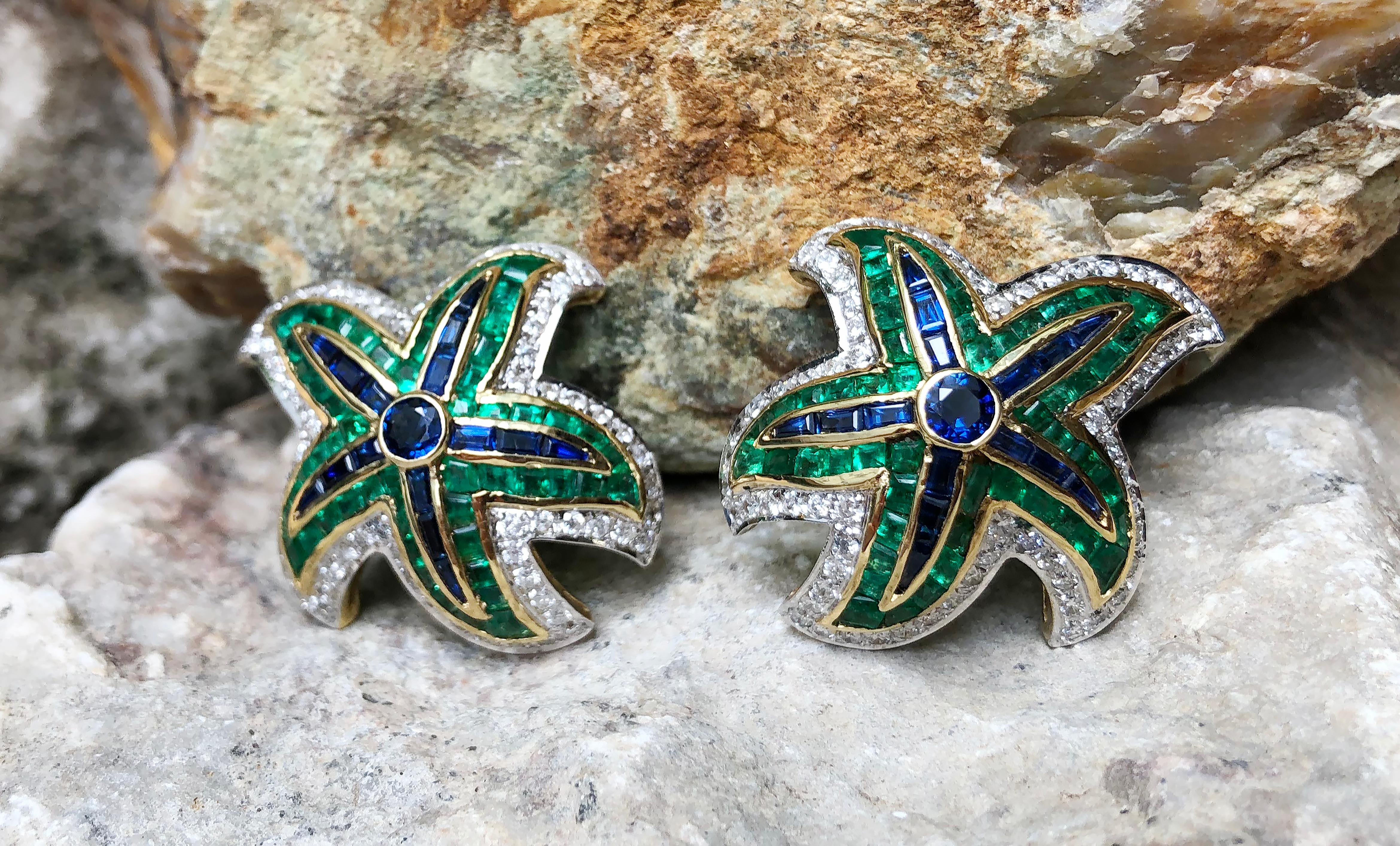 Mixed Cut Blue Sapphire with Emerald and Diamond Earrings Set in 18 Karat Gold Settings