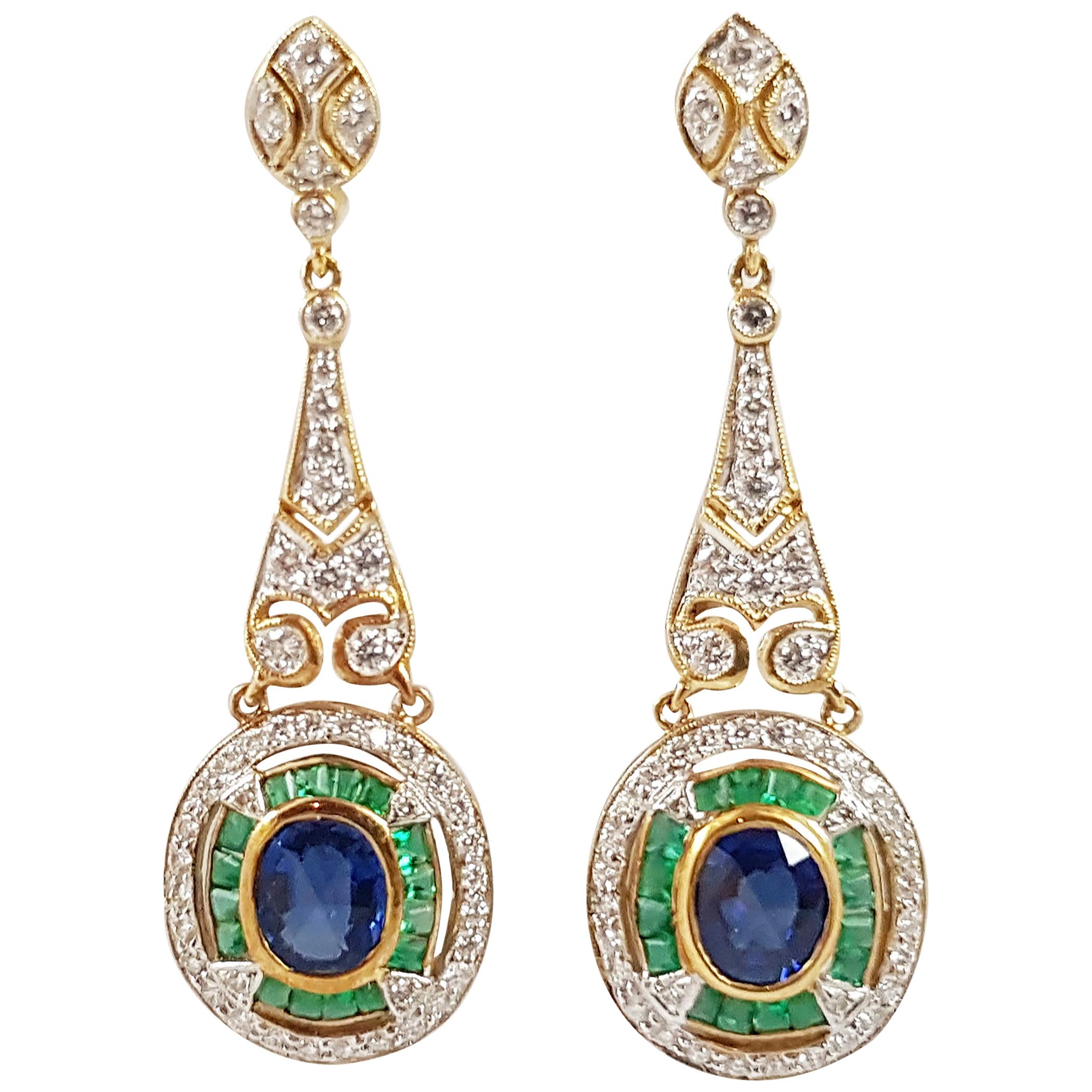 Blue Sapphire with Emerald and Diamond Earrings Set in 18 Karat Gold Settings