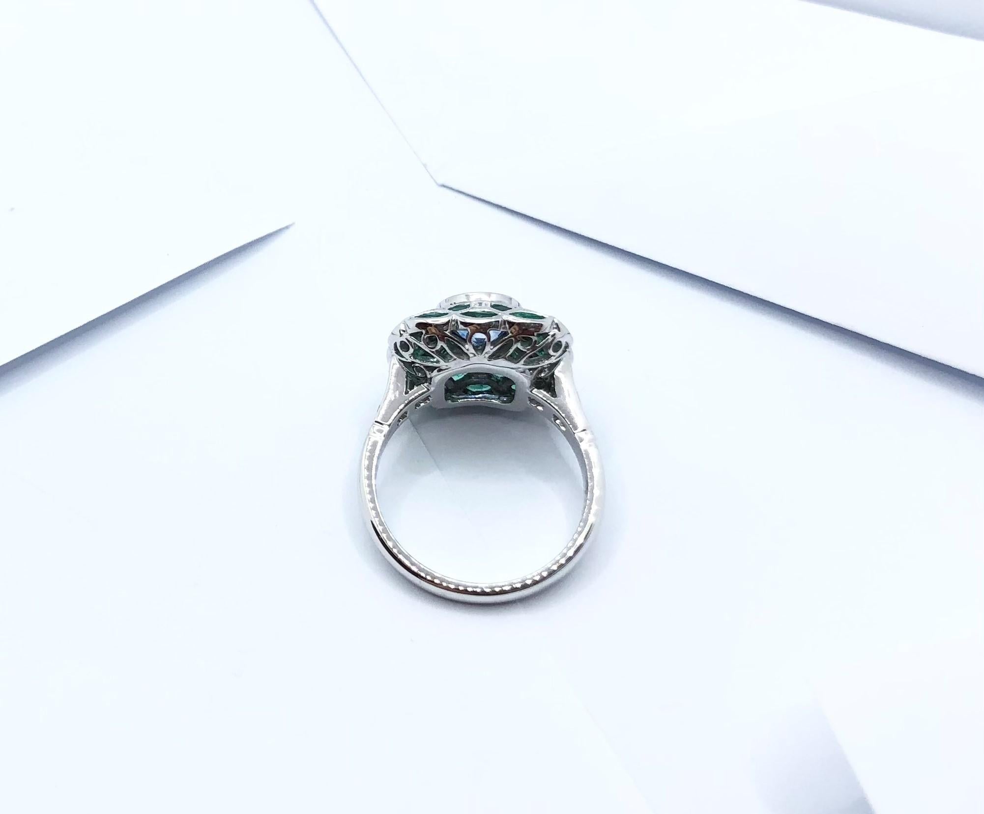 Blue Sapphire with Emerald and Diamond Ring Set in 18 Karat White Gold Settings For Sale 5