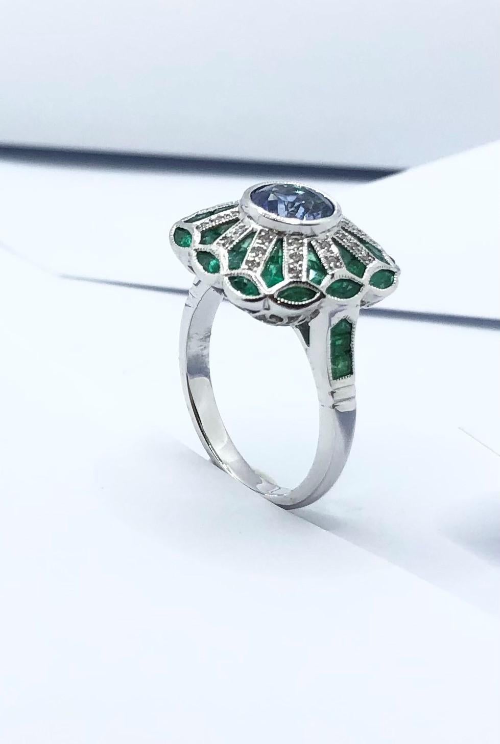 Blue Sapphire with Emerald and Diamond Ring Set in 18 Karat White Gold Settings For Sale 9