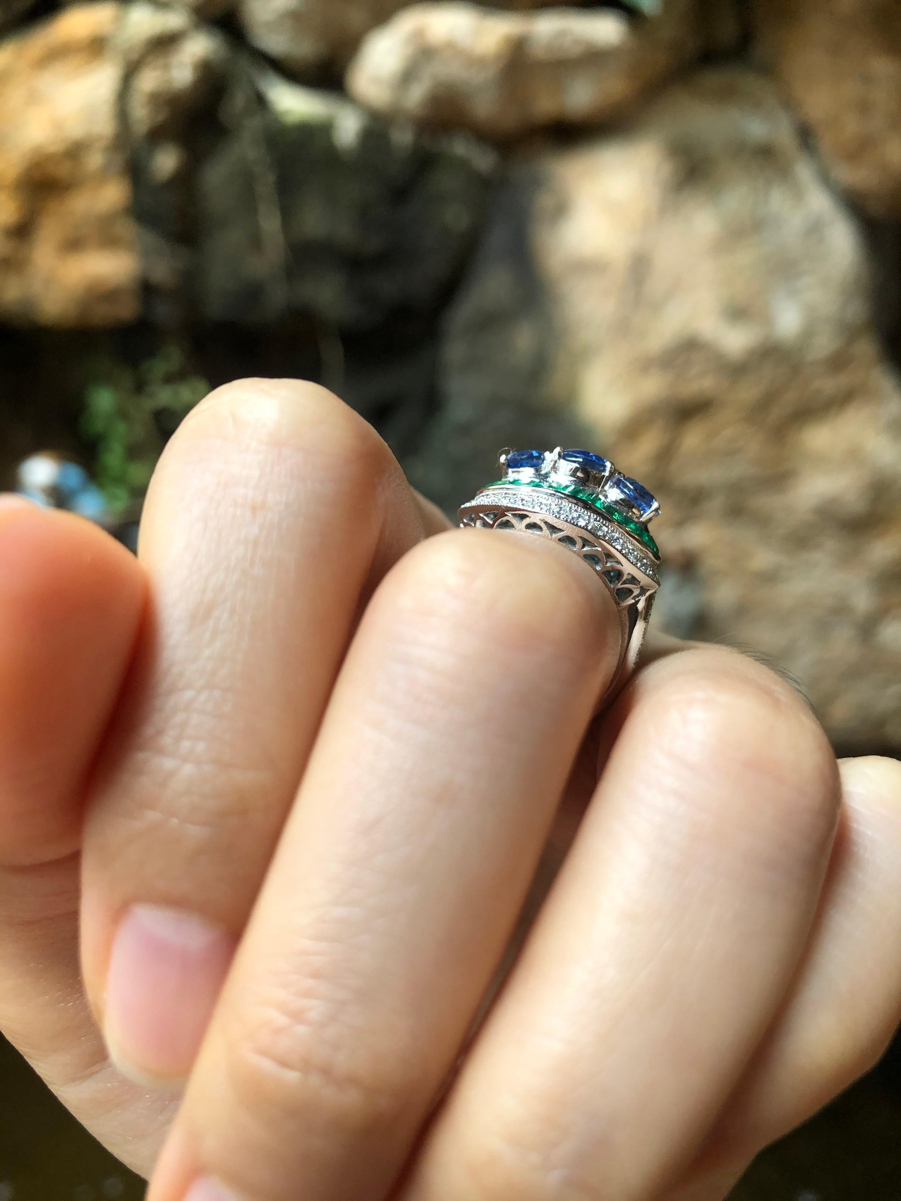 Women's Blue Sapphire with Emerald and Diamond Ring Set in 18 Karat White Gold Settings For Sale