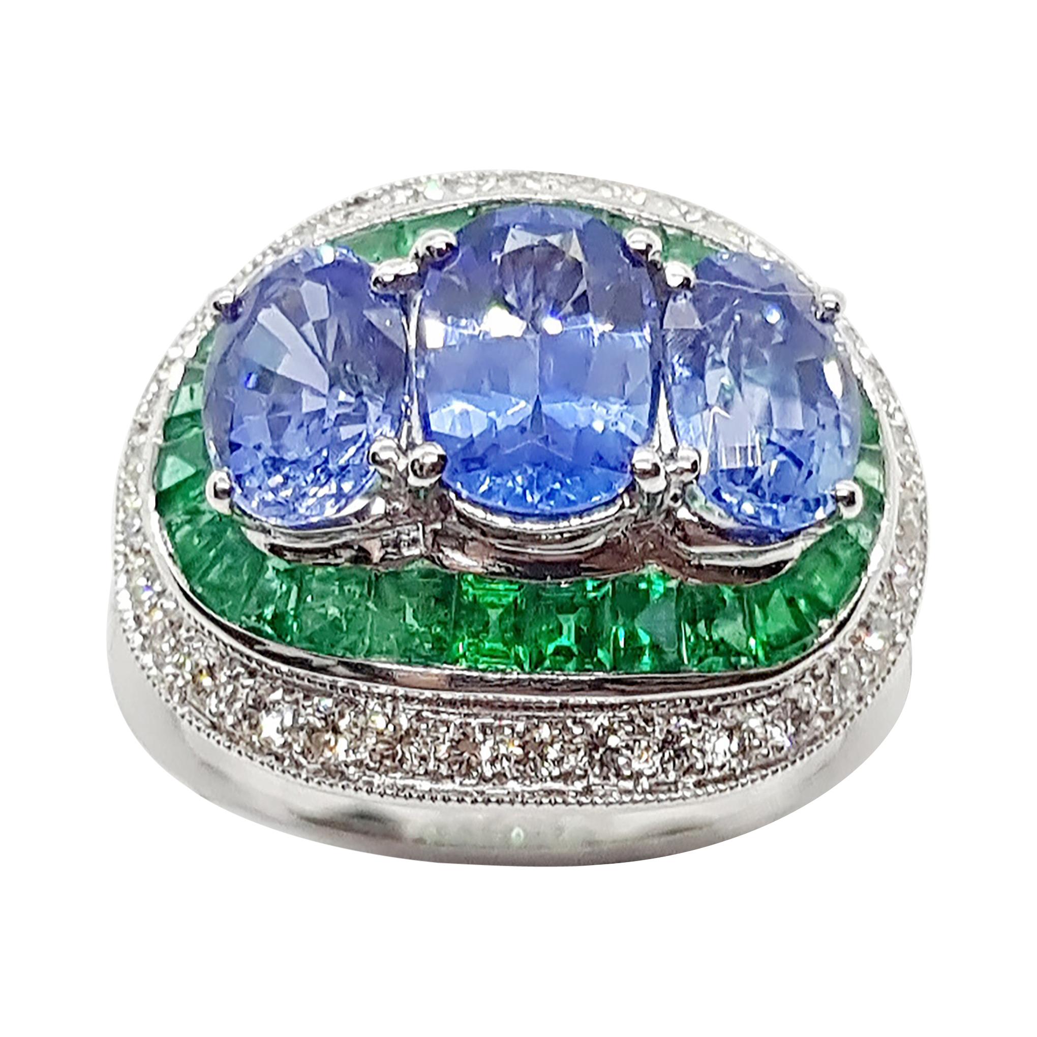 Blue Sapphire with Emerald and Diamond Ring Set in 18 Karat White Gold Settings