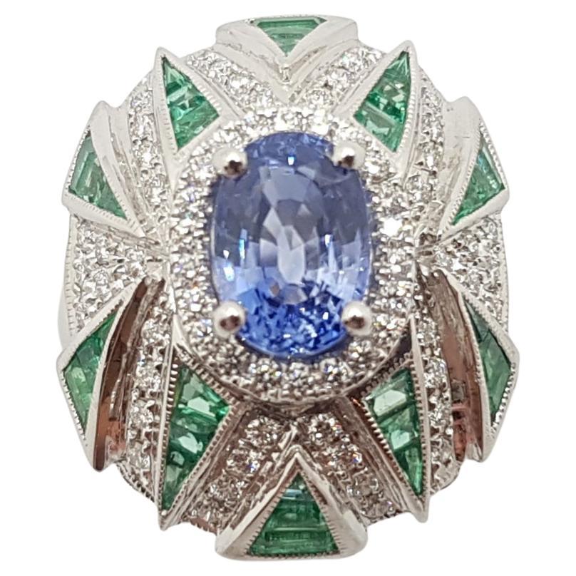 Blue Sapphire with Emerald and Diamond Ring Set in 18 Karat White Gold Settings