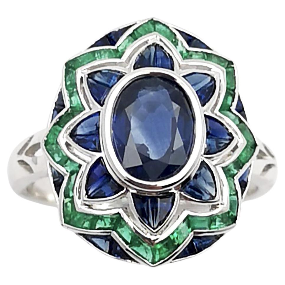 Blue Sapphire with Emerald Ring set in 18K White Gold Settings