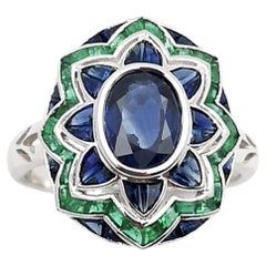 Blue Sapphire with Emerald Ring set in 18K White Gold Settings