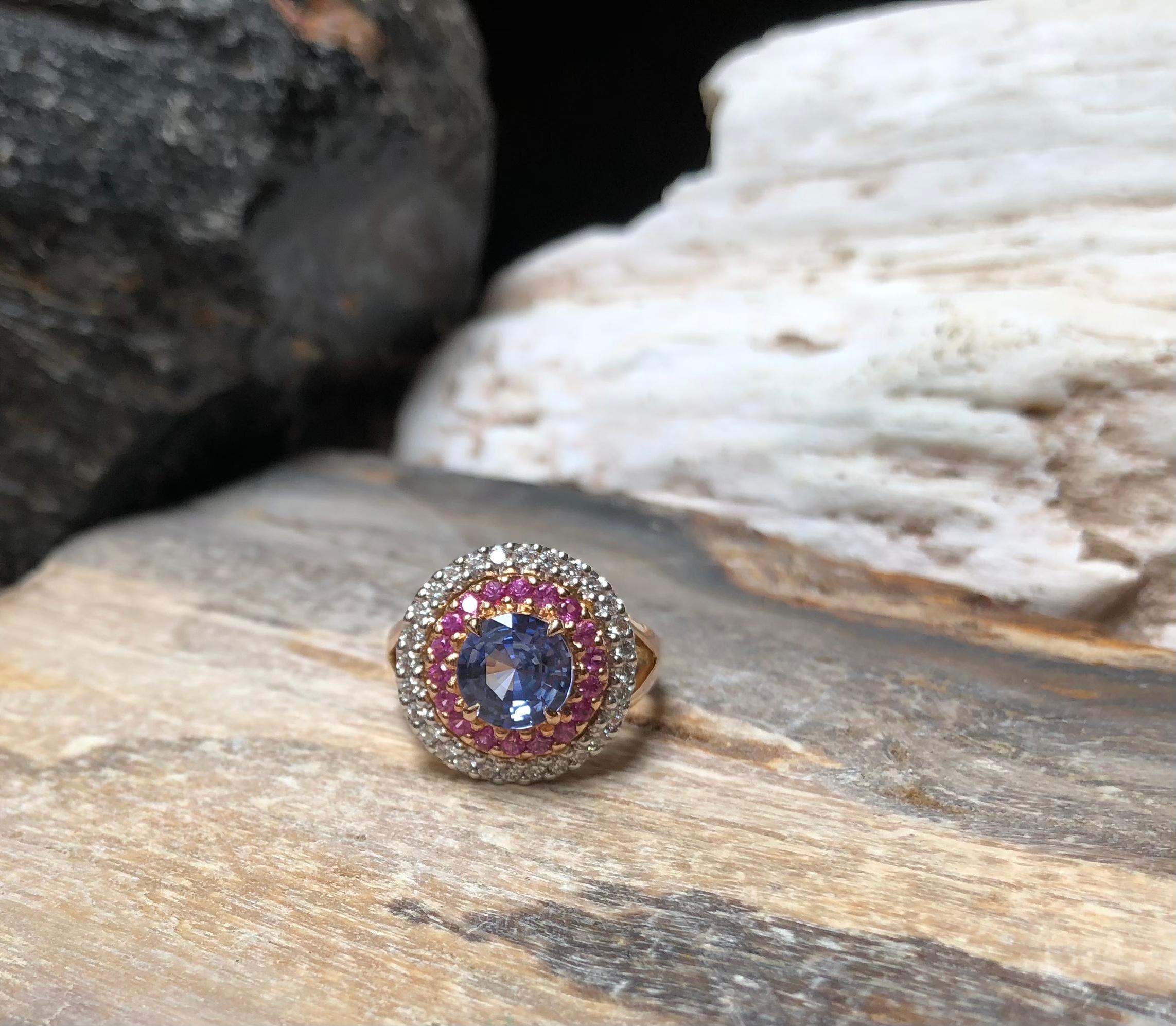 Blue Sapphire with Pink Sapphire and Diamond Ring Set in 18 Karat Rose Gold For Sale 5