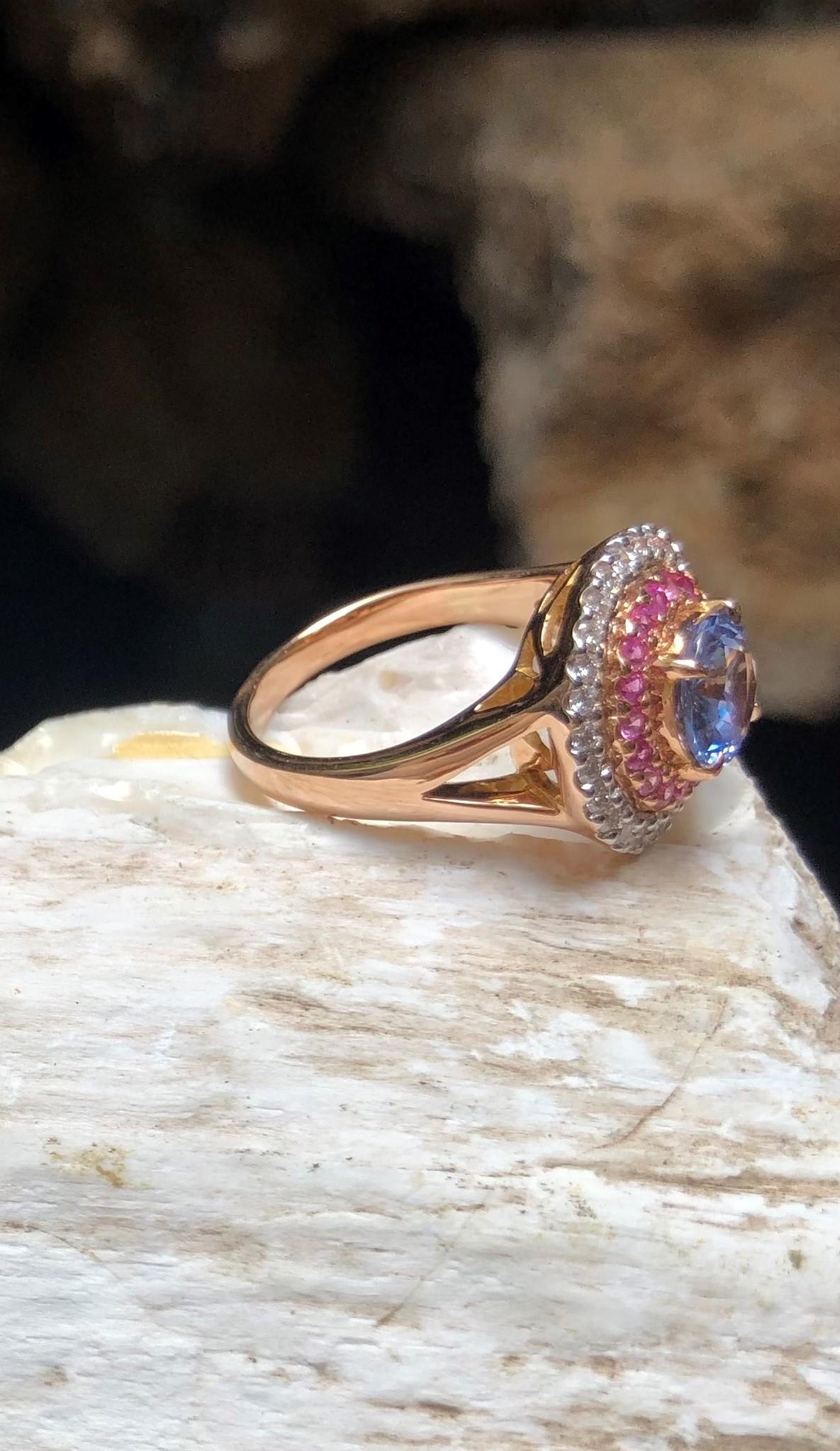 Blue Sapphire with Pink Sapphire and Diamond Ring Set in 18 Karat Rose Gold For Sale 9