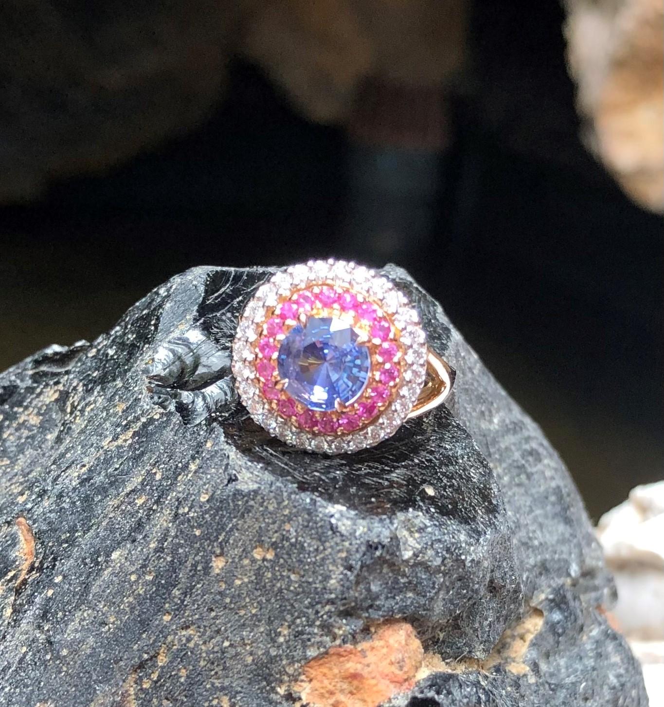 Blue Sapphire with Pink Sapphire and Diamond Ring Set in 18 Karat Rose Gold For Sale 2