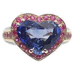 Heart Shape Blue Sapphire with Pink Sapphire and Diamond Ring in 18K Rose Gold