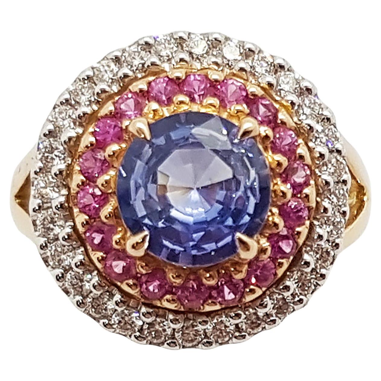 Blue Sapphire with Pink Sapphire and Diamond Ring Set in 18 Karat Rose Gold
