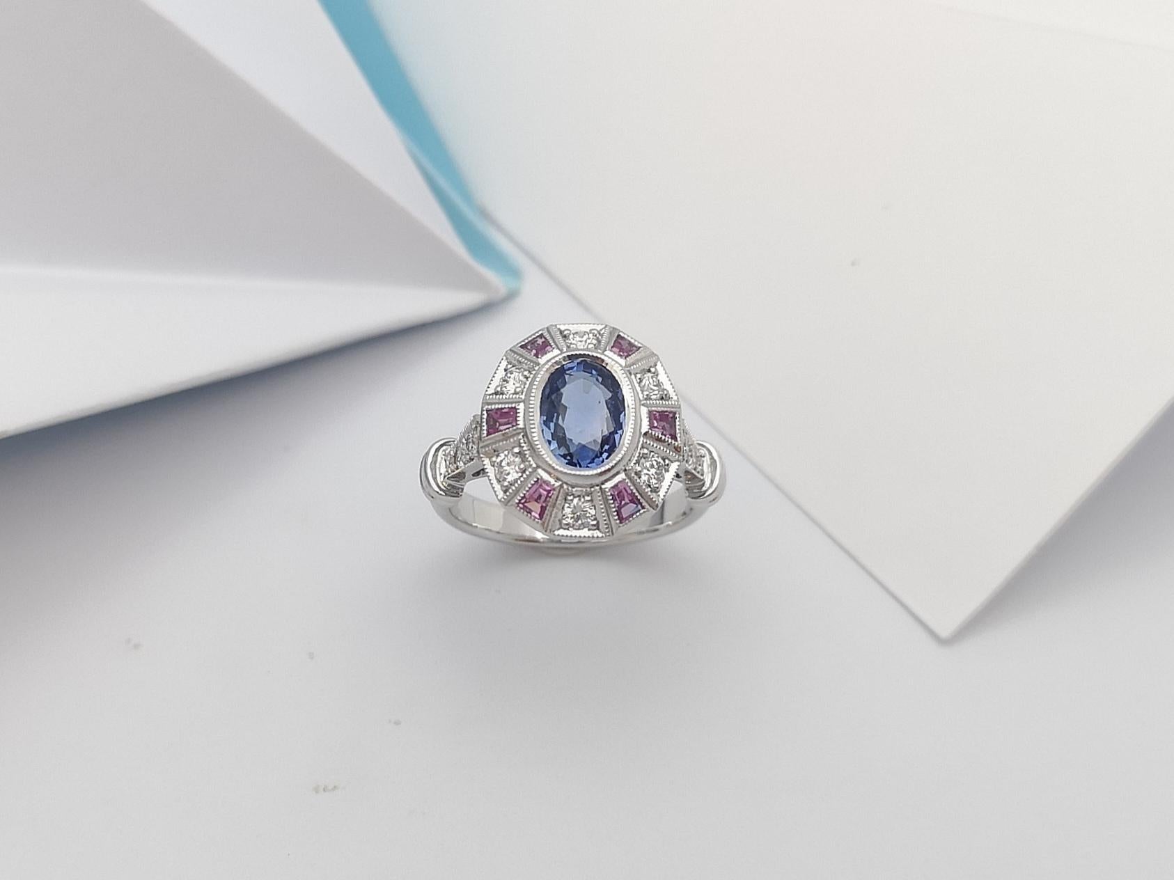 Blue Sapphire with Pink Sapphire and Diamond Ring set in 18 Karat White Gold  For Sale 6