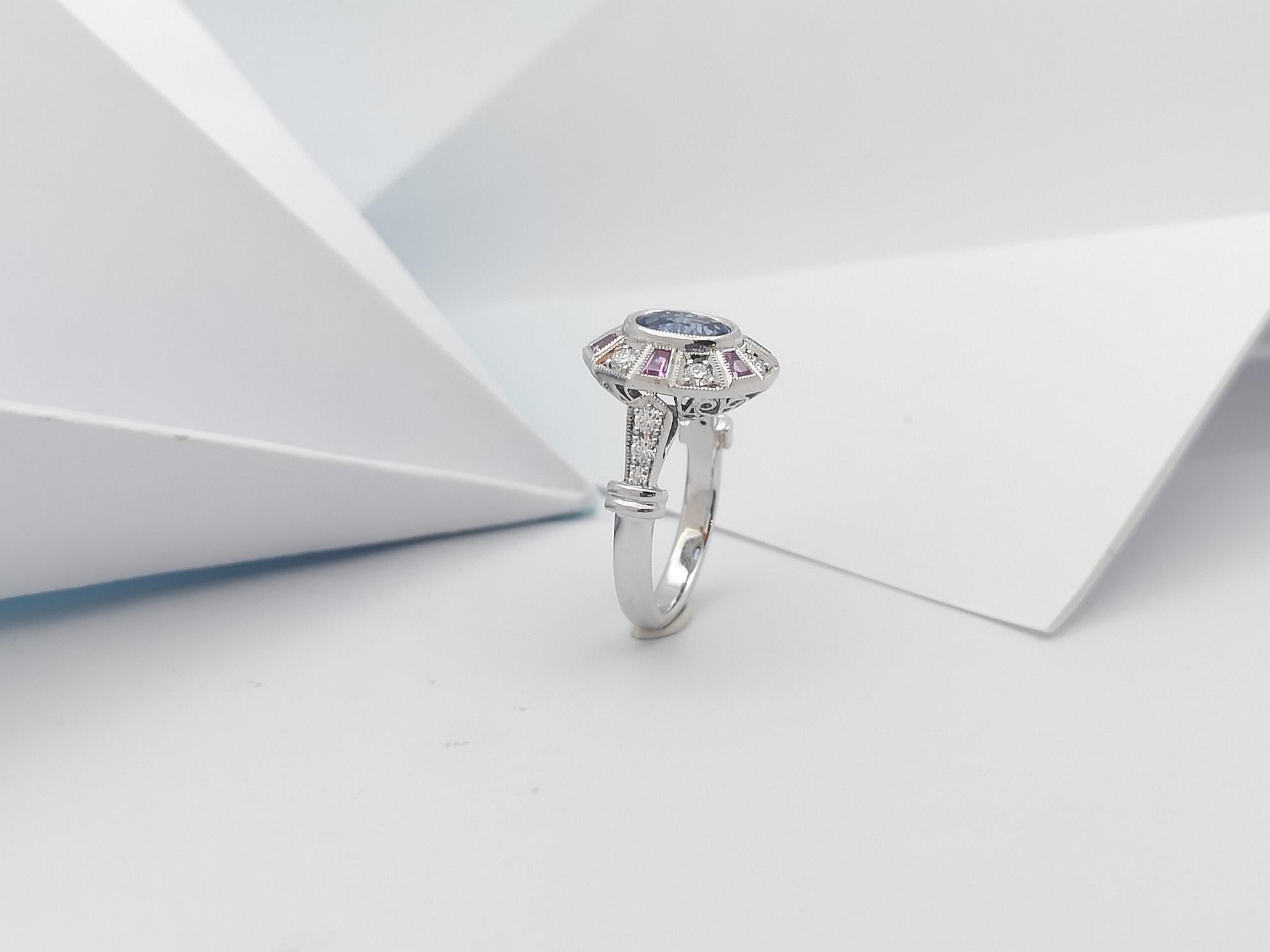 Blue Sapphire with Pink Sapphire and Diamond Ring set in 18 Karat White Gold  For Sale 7