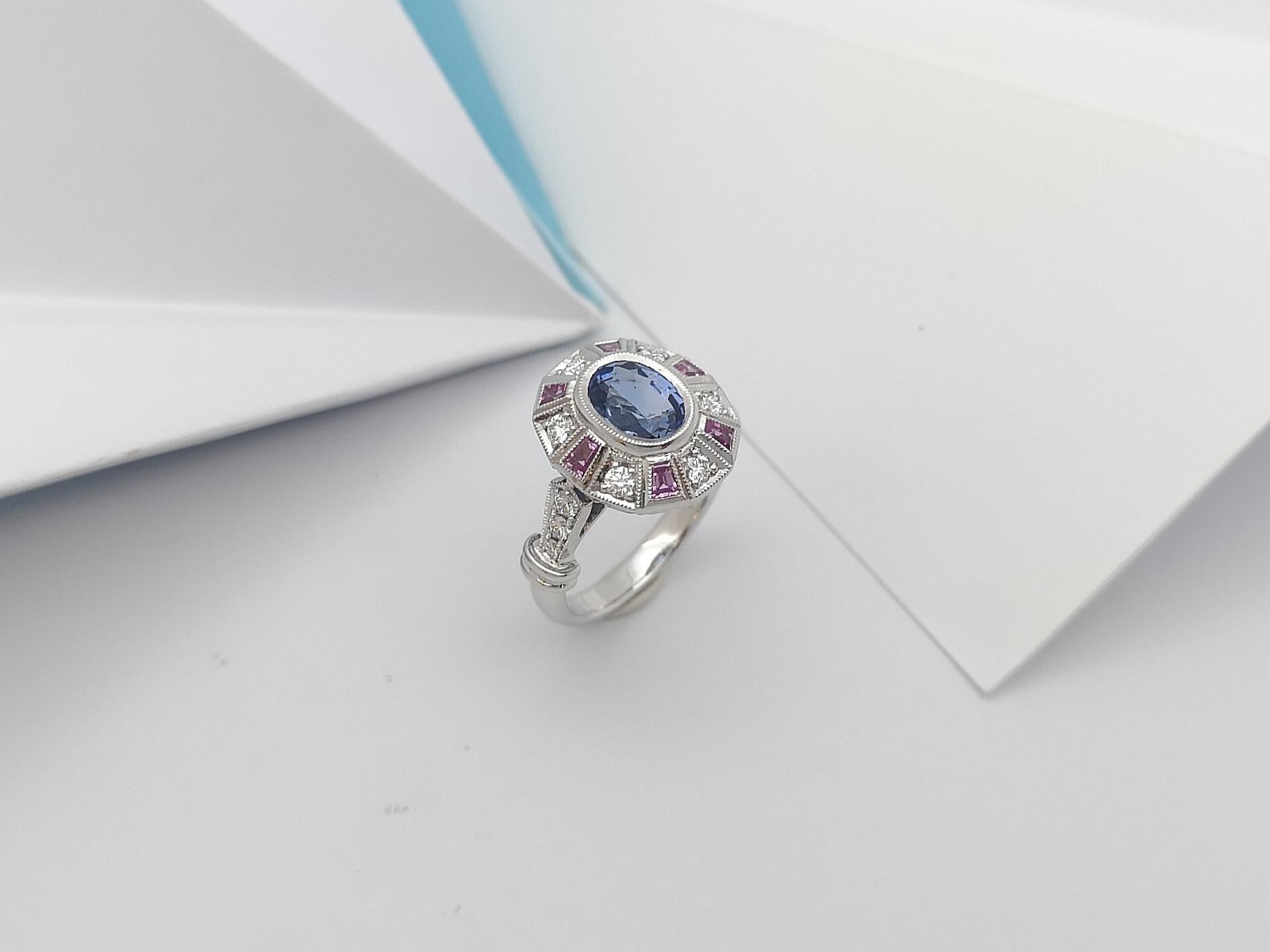 Blue Sapphire with Pink Sapphire and Diamond Ring set in 18 Karat White Gold  For Sale 8