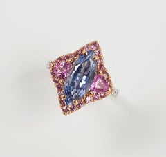 Blue Sapphire with Pink Sapphire and Diamond Ring Set in 18 Karat White Gold