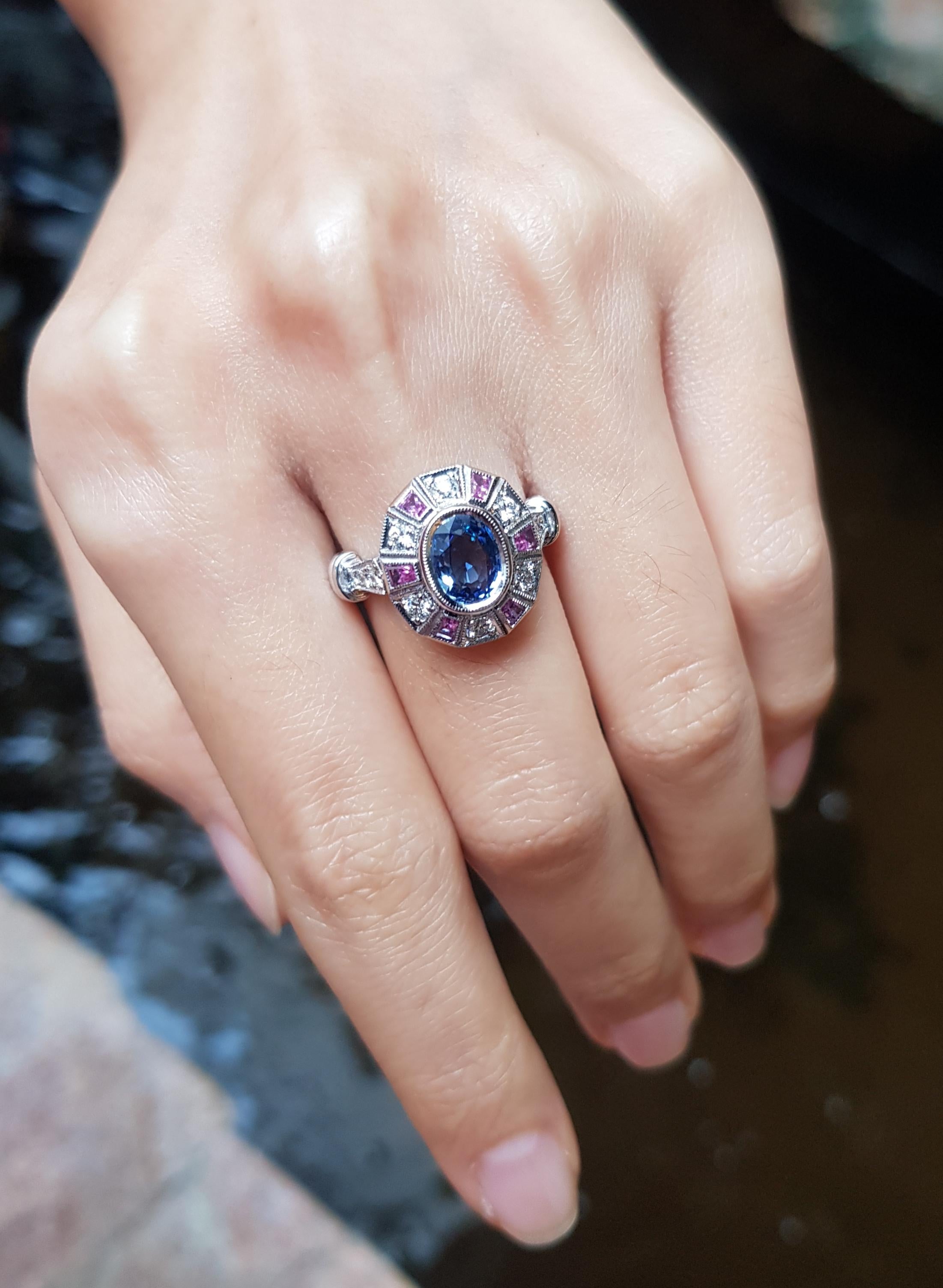 Women's Blue Sapphire with Pink Sapphire and Diamond Ring set in 18 Karat White Gold  For Sale