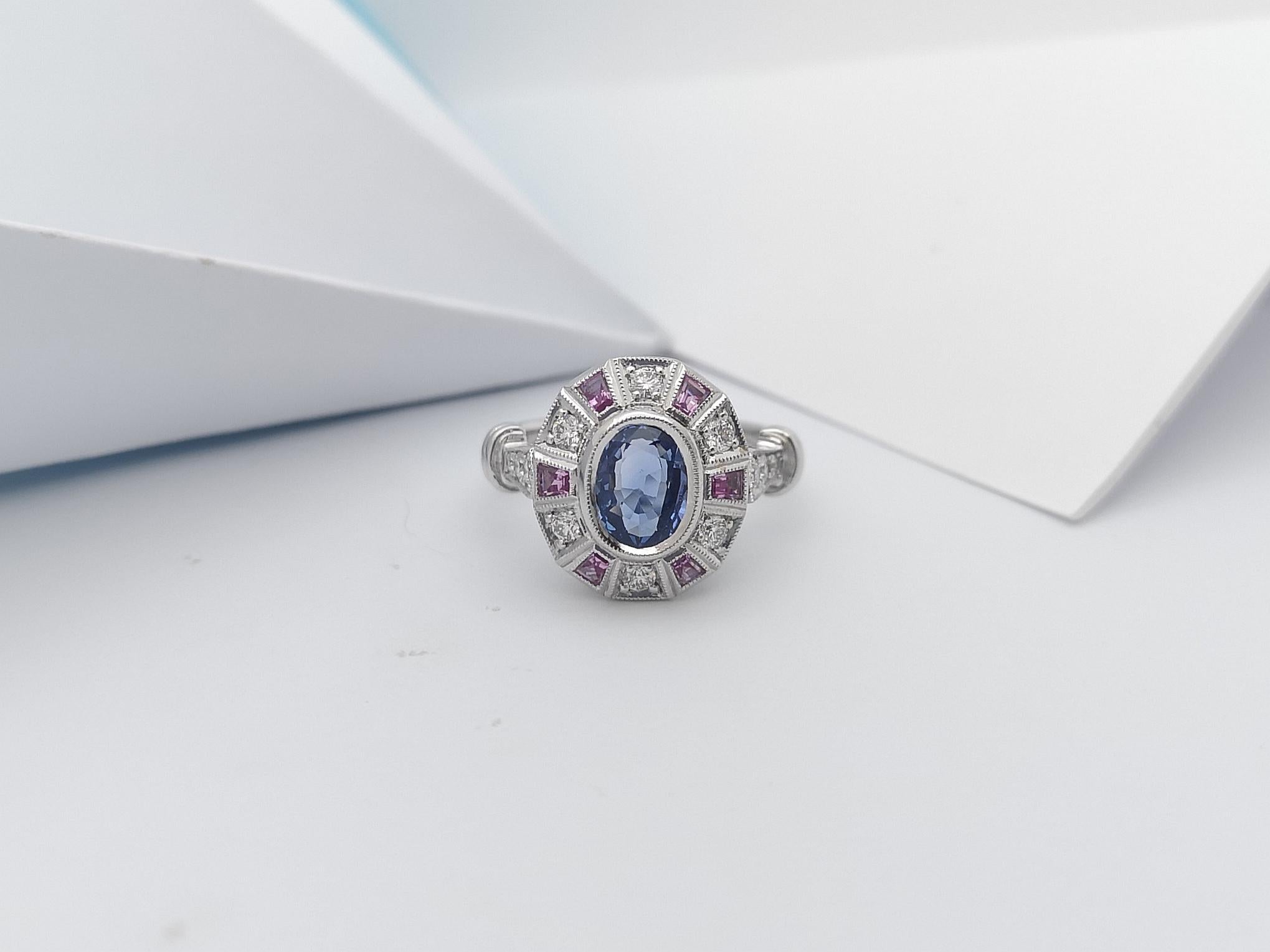 Blue Sapphire with Pink Sapphire and Diamond Ring set in 18 Karat White Gold  For Sale 2