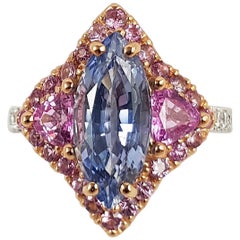 Blue Sapphire with Pink Sapphire and Diamond Ring Set in 18 Karat White Gold