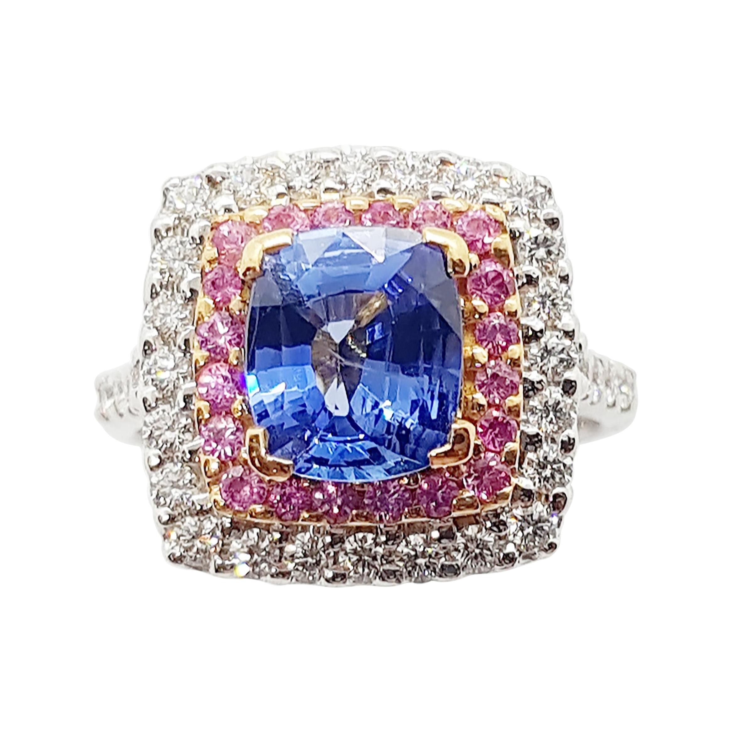 Blue Sapphire with Pink Sapphire and Diamond Ring Set in 18 Karat White Gold For Sale