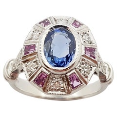 Blue Sapphire with Pink Sapphire and Diamond Ring set in 18 Karat White Gold 