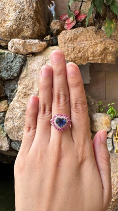 Heart Shape Blue Sapphire with Pink Sapphire and Diamond Ring in 18K Rose Gold