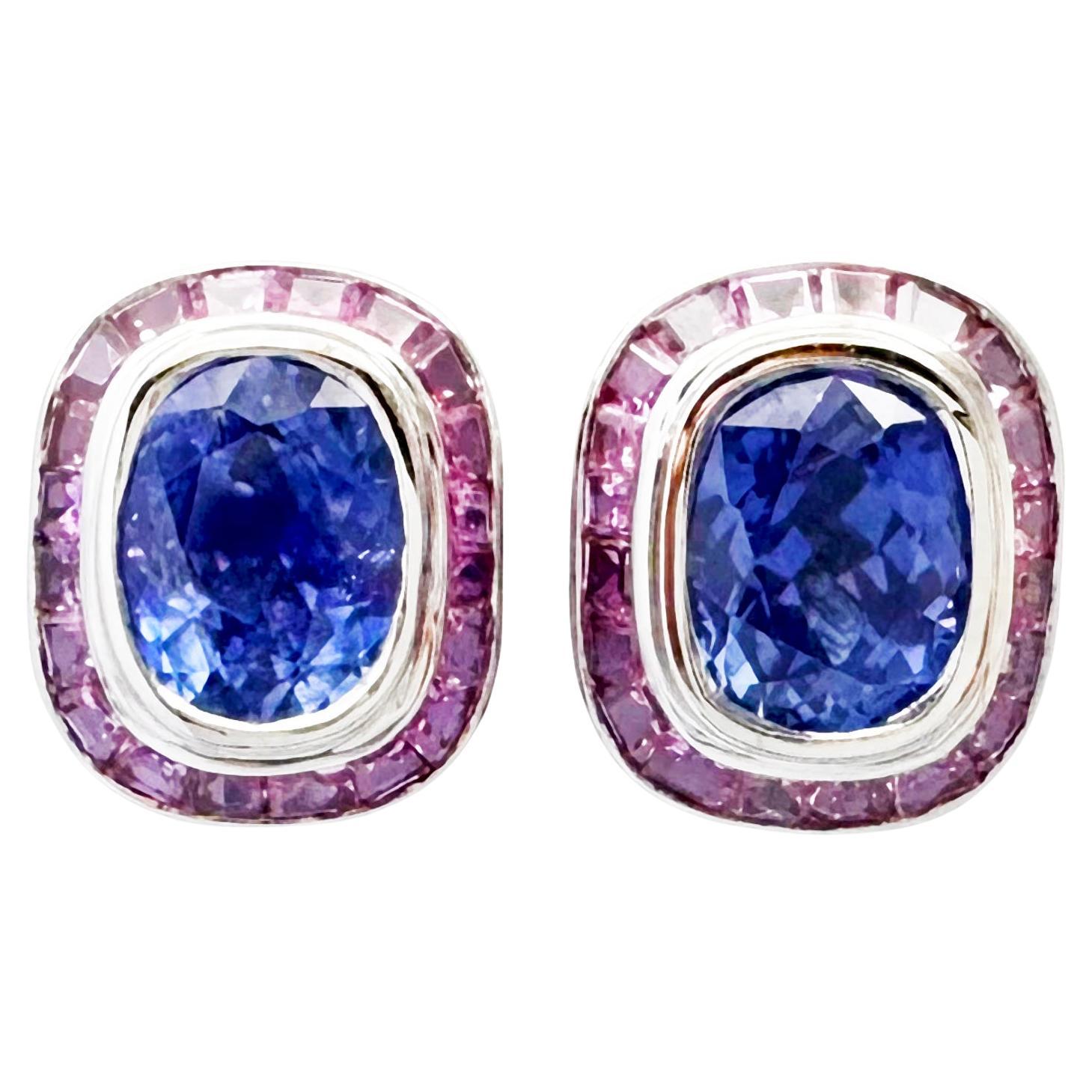 Blue Sapphire with Pink Sapphire Earrings set in 18K White Gold Settings