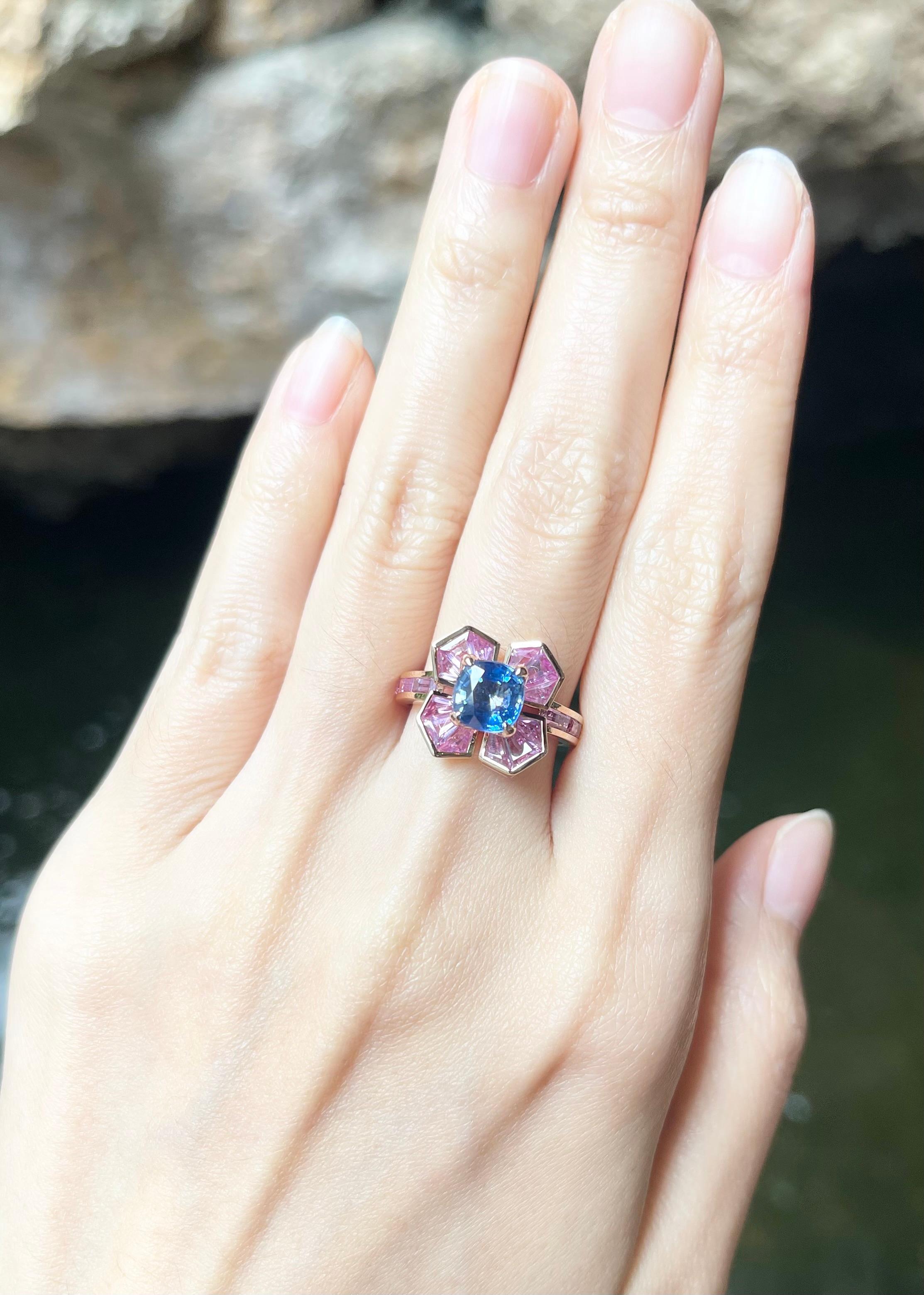Blue Sapphire 1.97 carats with Pink Sapphire 3.13 carats Ring set in 18K Rose Gold Settings

Width:  1.3 cm 
Length: 1.3 cm
Ring Size: 53
Total Weight: 5.77 grams

Blue Sapphire 
Width:  0.7 cm 
Length: 0.7 cm

