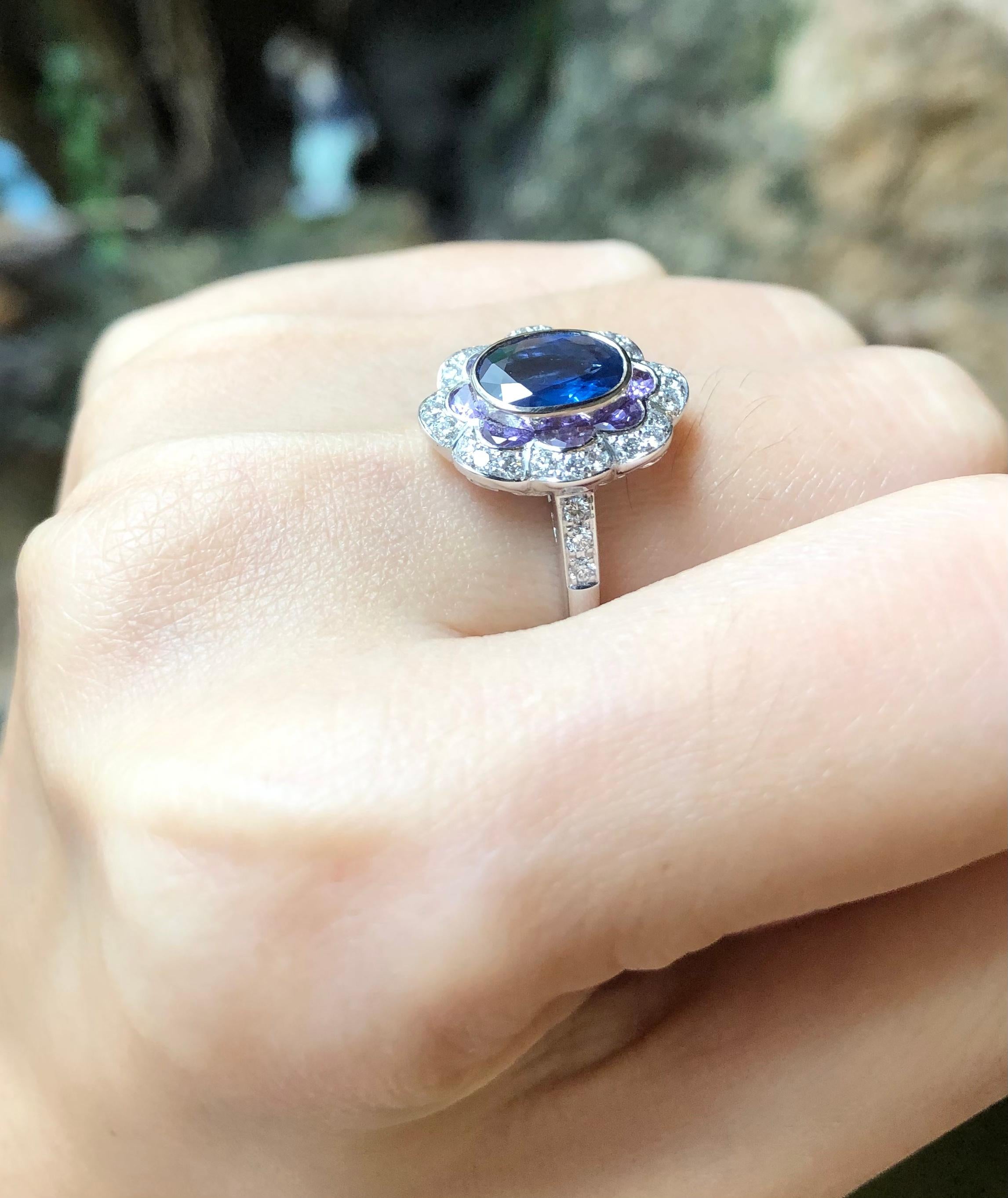 Blue Sapphire 1.75 carats with Purple Sapphire 2.30 carats and Diamond 0.36 carat Ring set in 18 Karat White Gold Settings

Width:  1.2 cm 
Length: 1.6 cm
Ring Size: 53
Total Weight: 5.56 grams

