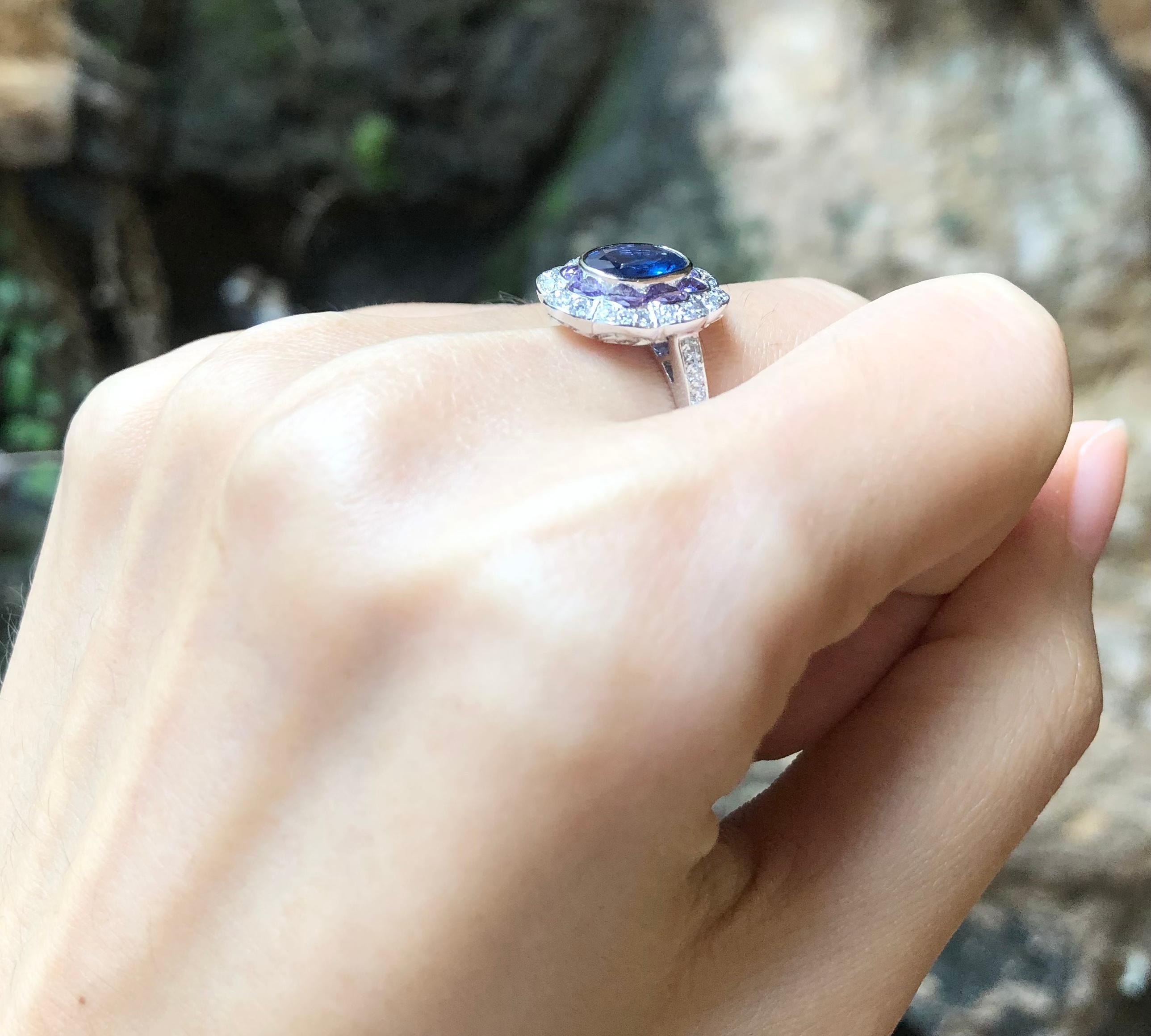 Mixed Cut Blue Sapphire with Purple Sapphire and Diamond Ring Set in 18 Karat White Gold For Sale