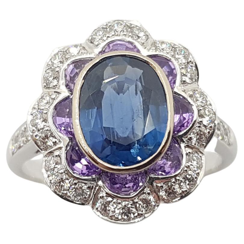 Blue Sapphire with Purple Sapphire and Diamond Ring Set in 18 Karat White Gold For Sale