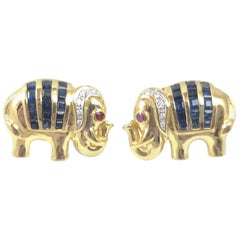 Blue Sapphire with Ruby and Diamond Elephant Earrings Set in 18 Karat Gold