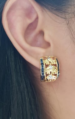 Blue Sapphire with Ruby and Diamond Elephant Earrings Set in 18k Gold Settings