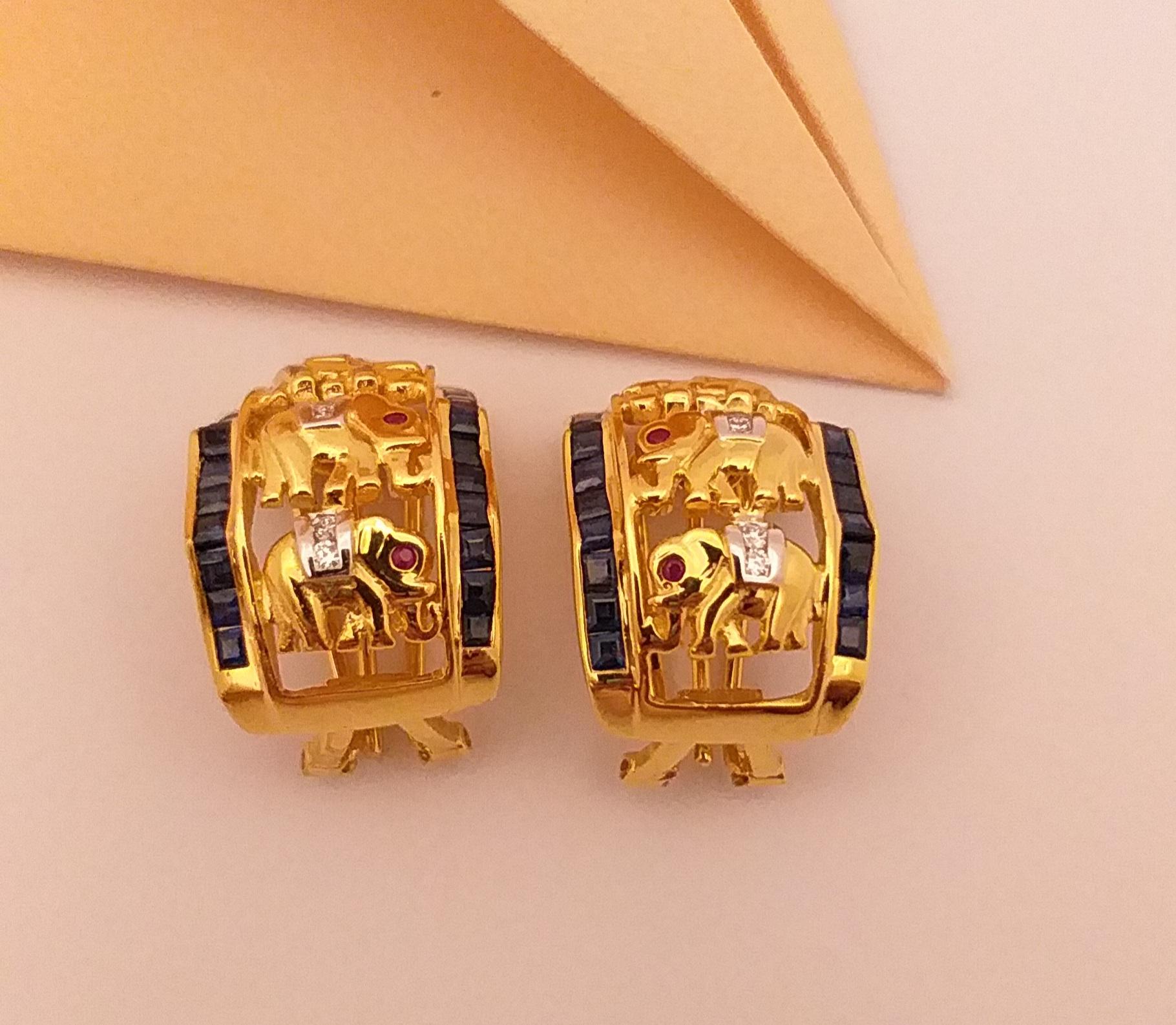 Blue Sapphire with Ruby and Diamond Elephant Earrings Set in 18k Gold Settings For Sale 3