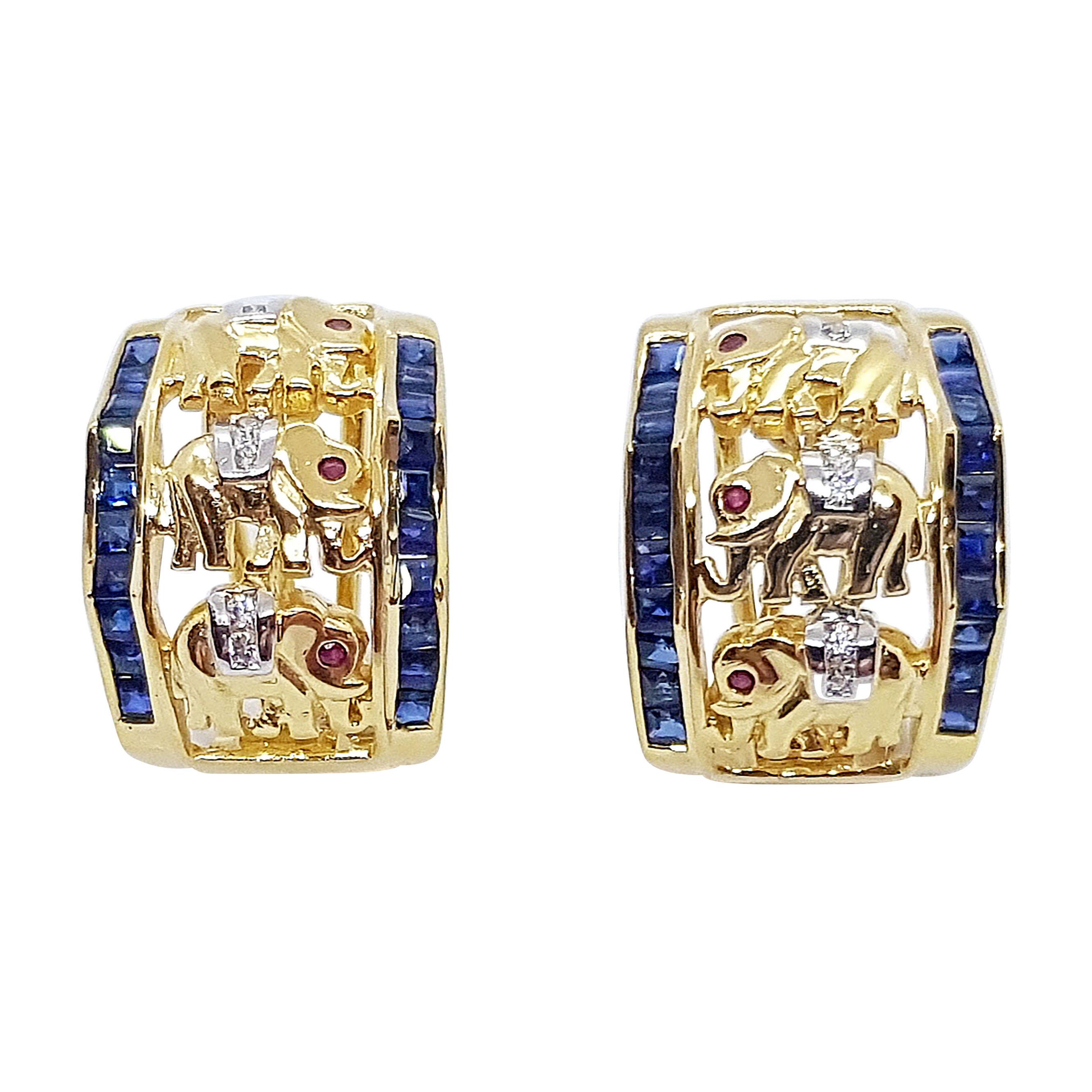 Ohrringe mit blauem blauem Saphir, Rubin und Diamant im Elefantenschliff aus 18 Karat Gold im Angebot