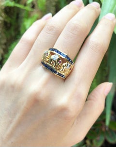 Blue Sapphire with Ruby and Diamond Elephant Ring Set in 18 Karat Gold Settings