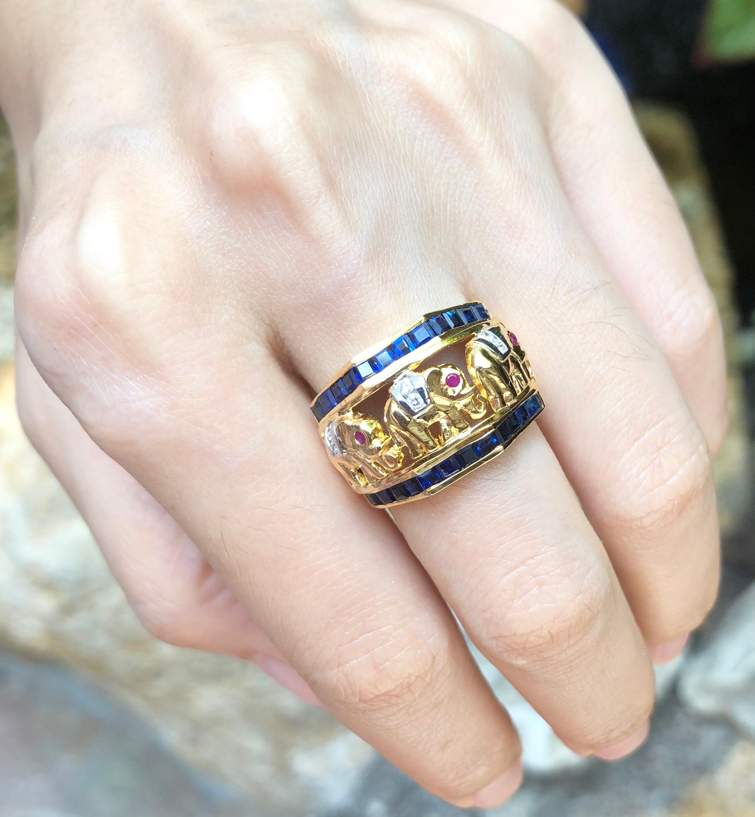 Mixed Cut Blue Sapphire with Ruby and Diamond Elephant Ring Set in 18 Karat Gold Settings For Sale