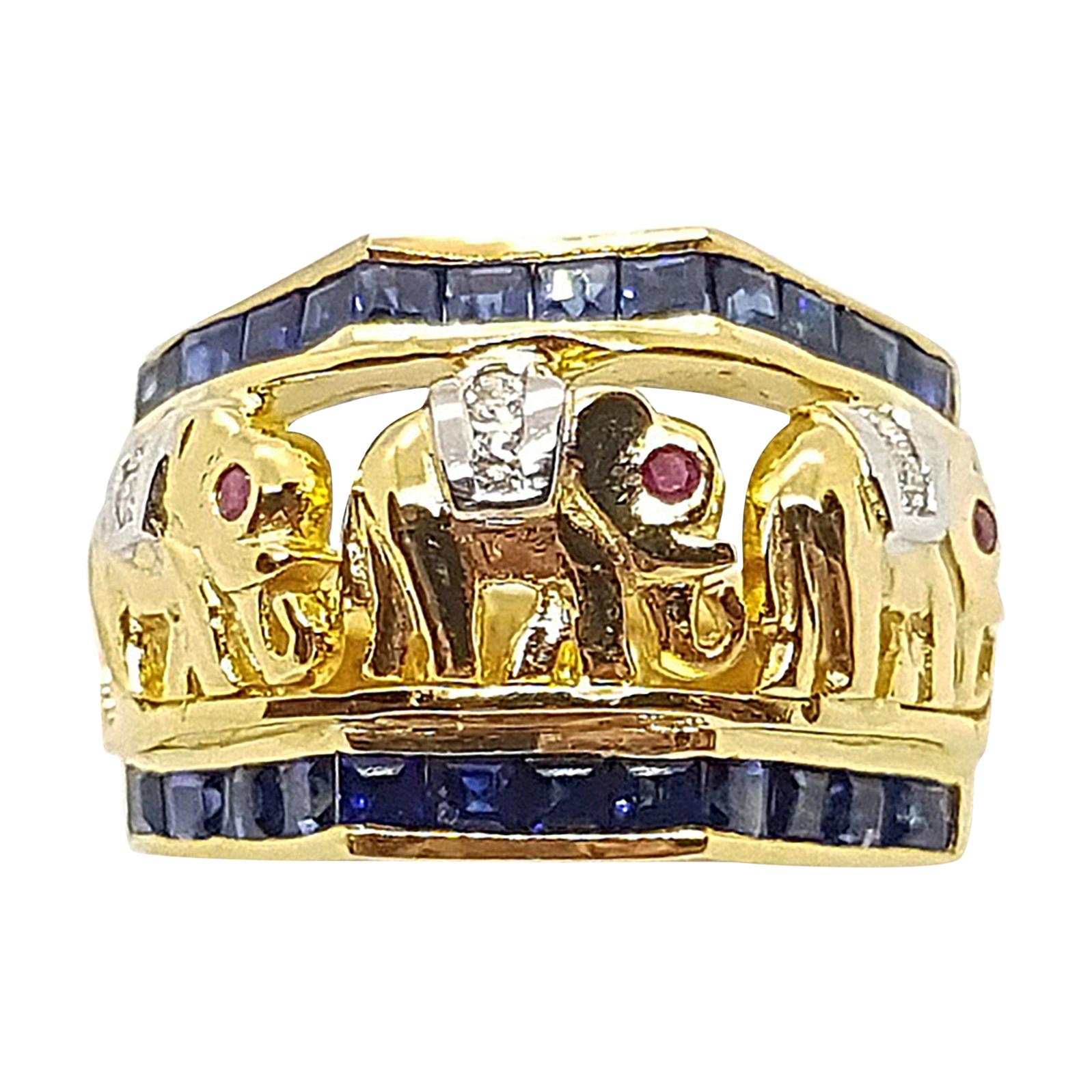 Blue Sapphire with Ruby and Diamond Elephant Ring Set in 18 Karat Gold Settings