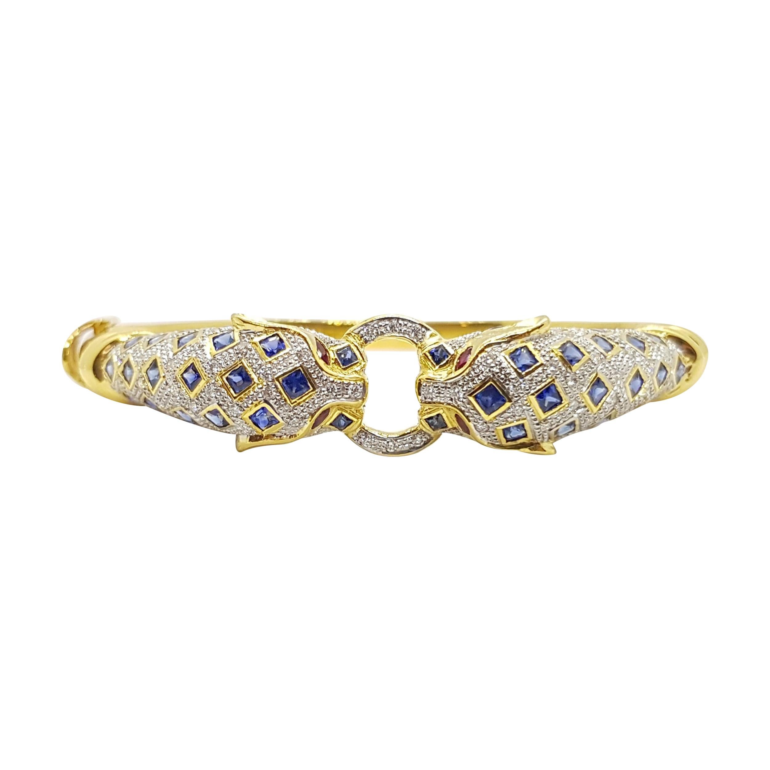 Blue Sapphire with Ruby and Diamond Panther Bangle Set in 18 Karat Gold Settings For Sale