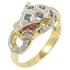 Blue Sapphire with Ruby and Diamond Panther Ring Set in 18 Karat Gold Settings