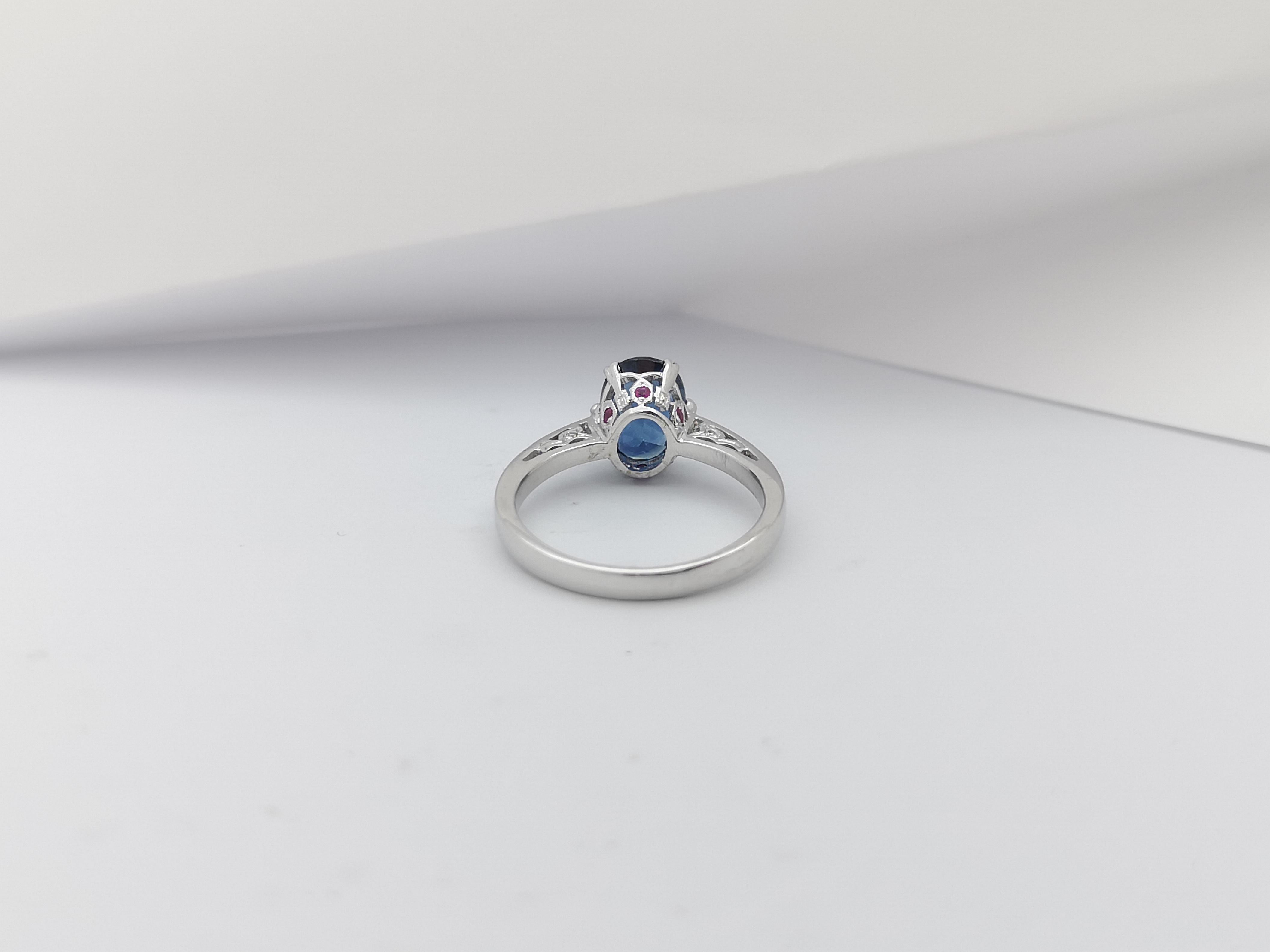 Blue Sapphire with Ruby and Diamond Ring Set in 18 Karat White Gold Settings For Sale 4