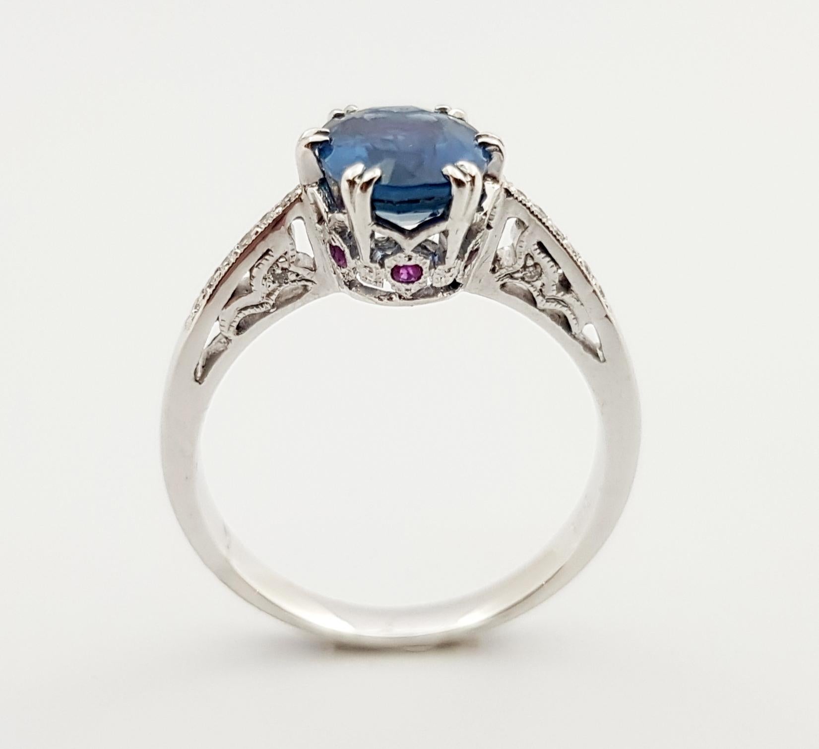 Women's Blue Sapphire with Ruby and Diamond Ring Set in 18 Karat White Gold Settings For Sale
