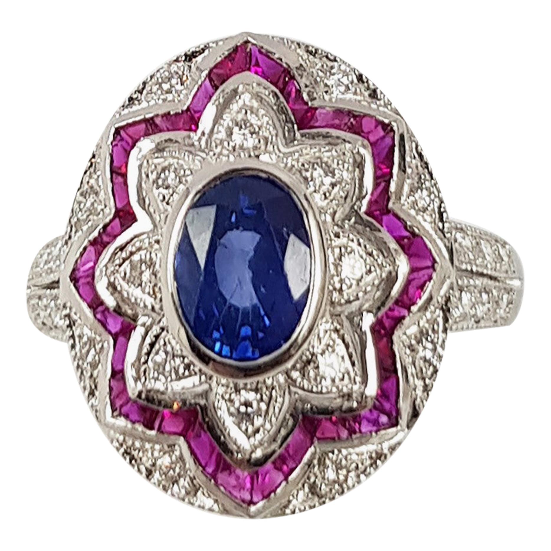 Blue Sapphire with Ruby and Diamond Ring Set in 18 Karat White Gold Settings For Sale