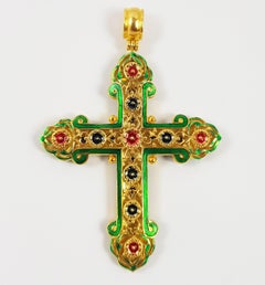 Blue Sapphire with Ruby Double Sided Cross Pendant Set in 18 Karat Gold Settings